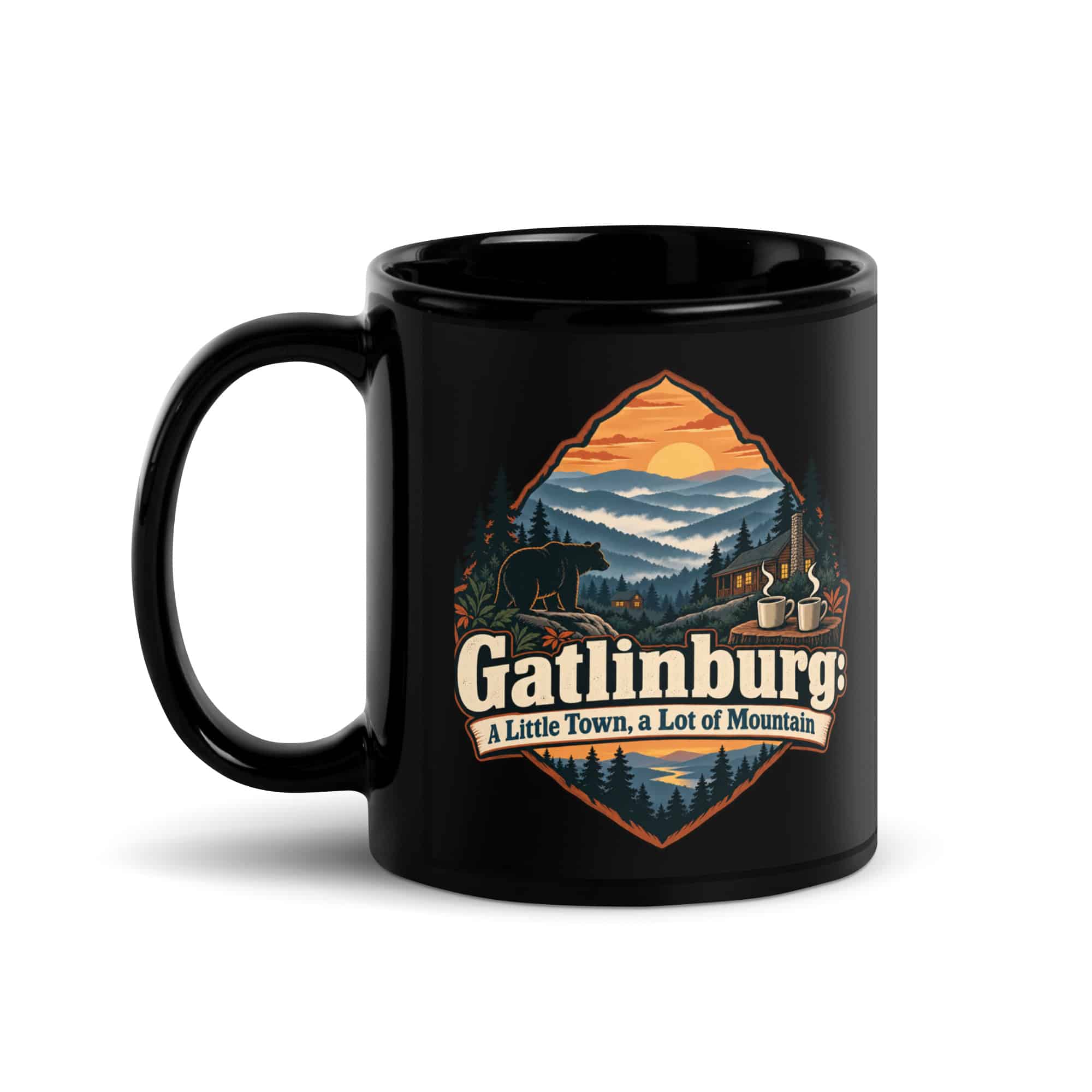 Gatlinburg and the Smokies Black Coffee Mug: Gatlinburg: A Little Town, a Lot of Mountain, Scenic Shield Badge