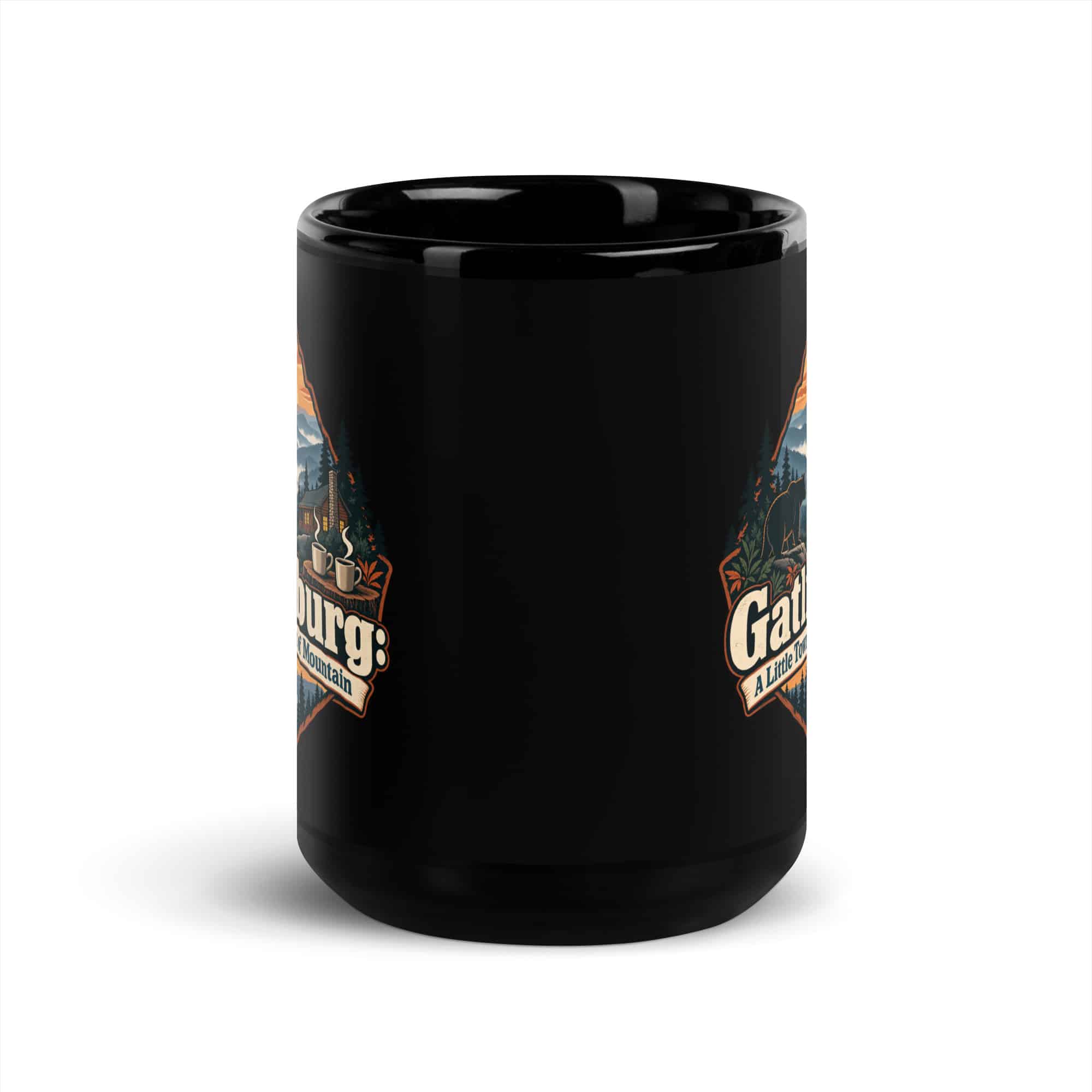 Gatlinburg and the Smokies Black Coffee Mug: Gatlinburg: A Little Town, a Lot of Mountain, Scenic Shield Badge