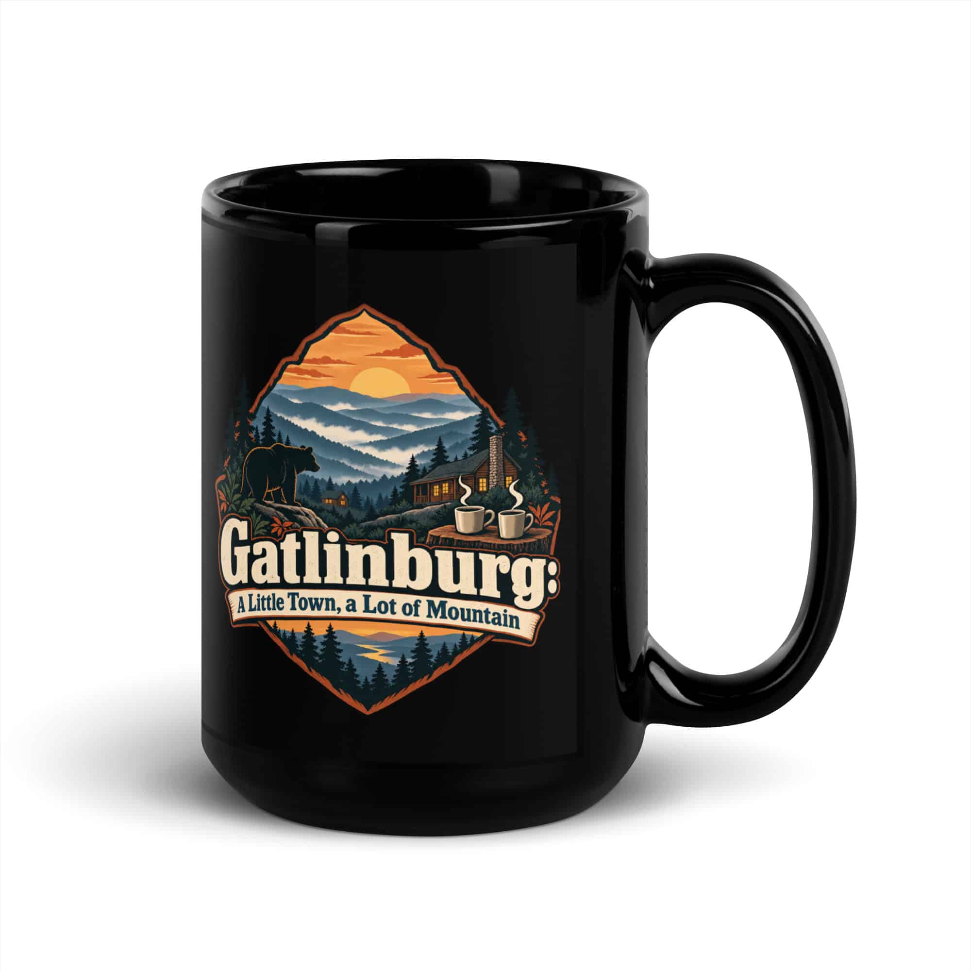 Gatlinburg and the Smokies Black Coffee Mug: Gatlinburg: A Little Town, a Lot of Mountain, Scenic Shield Badge