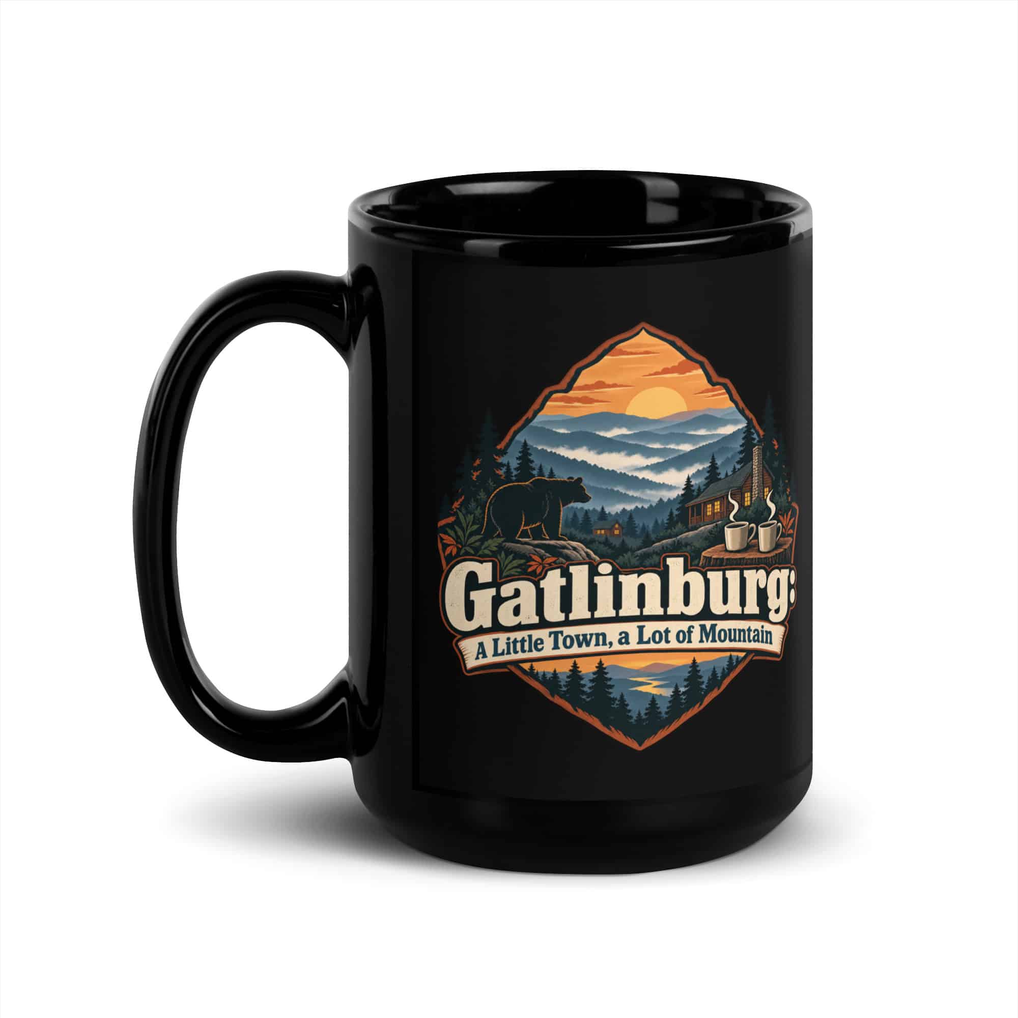Gatlinburg and the Smokies Black Coffee Mug: Gatlinburg: A Little Town, a Lot of Mountain, Scenic Shield Badge
