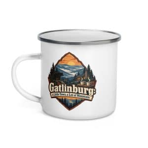 Gatlinburg and the Smokies Enamel Camp Mug: Gatlinburg: A Little Town, a Lot of Mountain, Scenic Shield Badge - 12 oz - Left