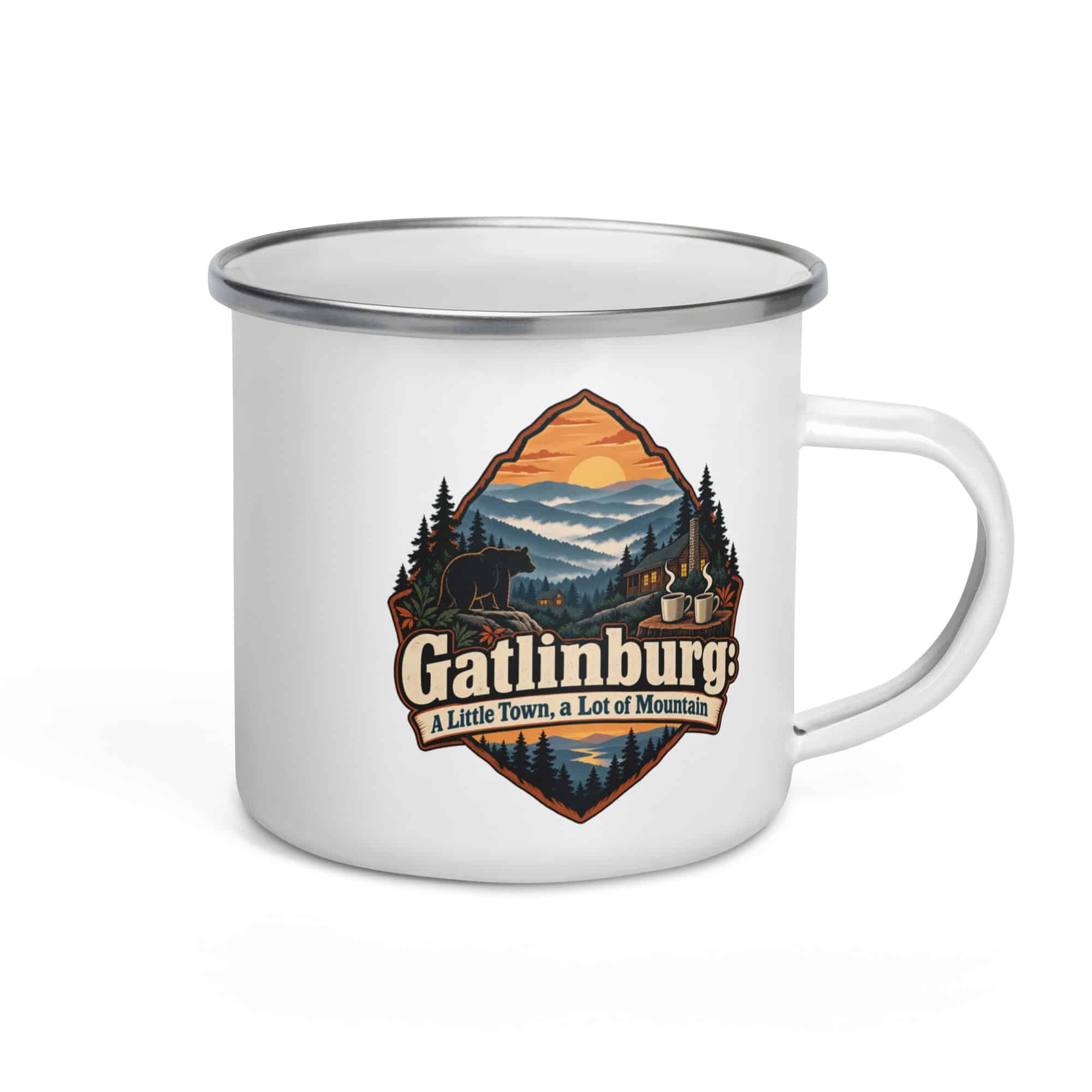 Gatlinburg and the Smokies Enamel Camp Mug: Gatlinburg: A Little Town, a Lot of Mountain, Scenic Shield Badge