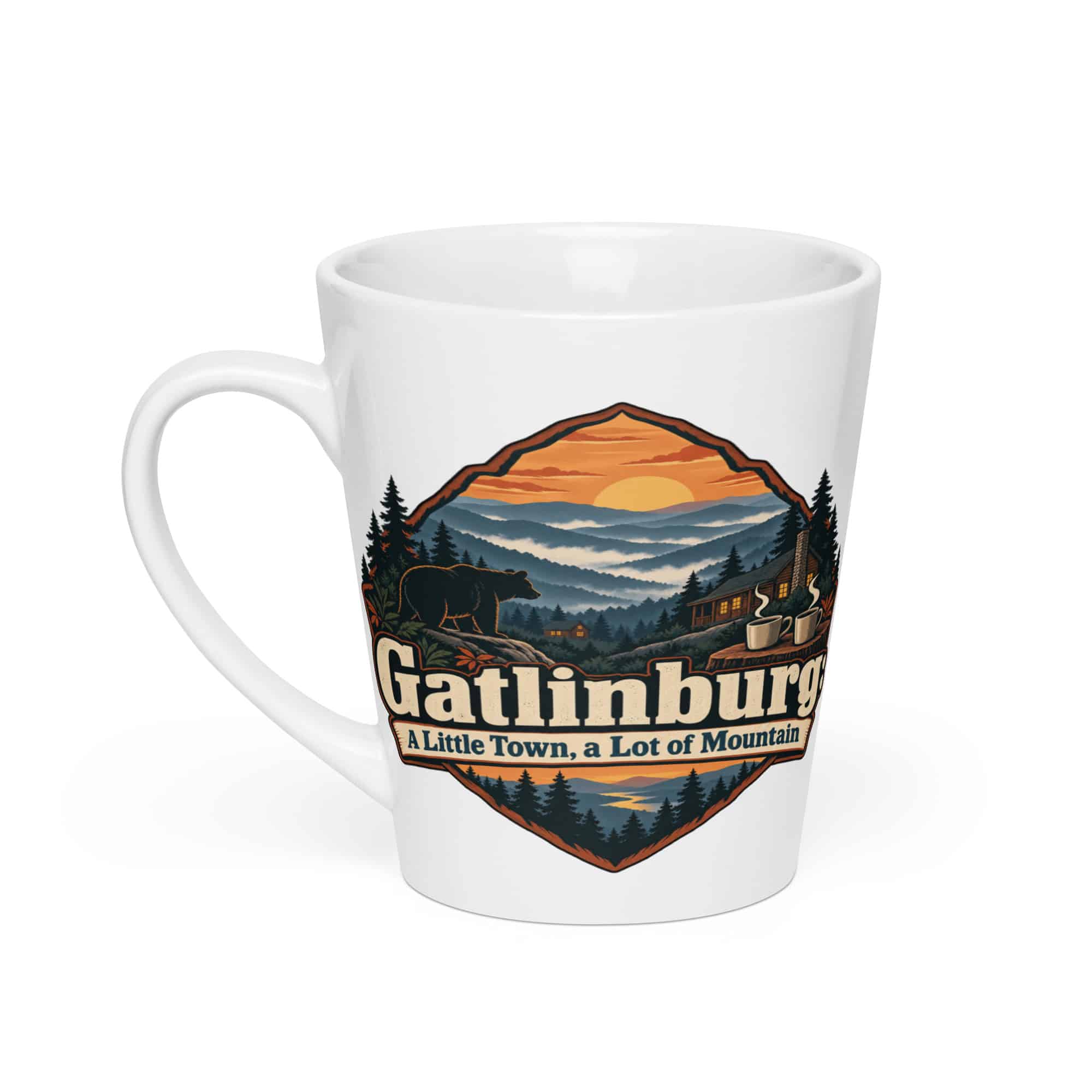 Gatlinburg and the Smokies Latte Mug: Gatlinburg: A Little Town, a Lot of Mountain, Scenic Shield Badge