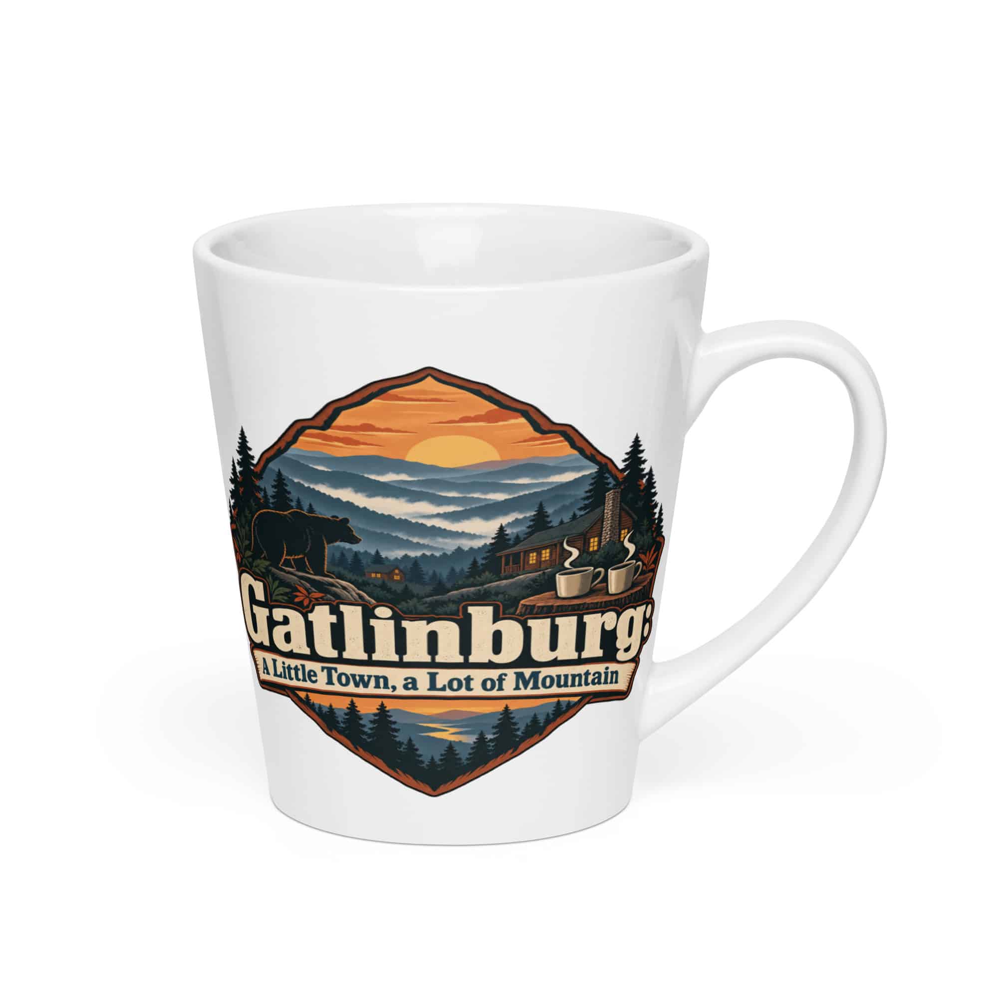 Gatlinburg and the Smokies Latte Mug: Gatlinburg: A Little Town, a Lot of Mountain, Scenic Shield Badge