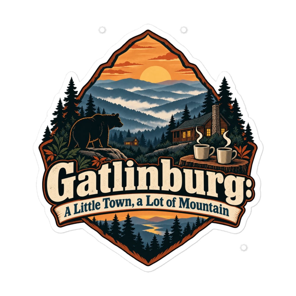 Gatlinburg and the Smokies Vinyl Sticker: Gatlinburg: A Little Town, a Lot of Mountain, Scenic Shield Badge