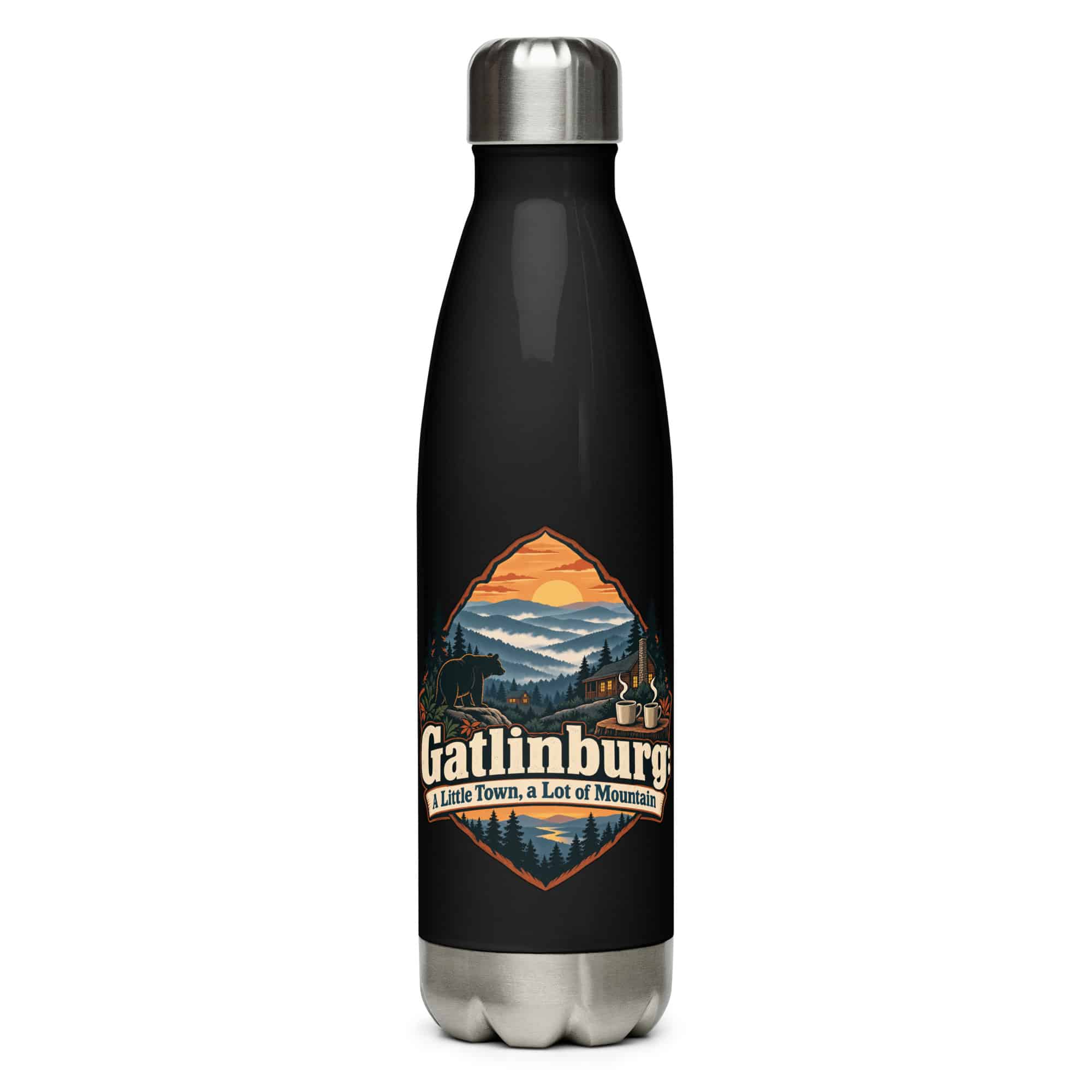 Gatlinburg and the Smokies Stainless Steel Water Bottle: Gatlinburg: A Little Town, a Lot of Mountain, Scenic Shield Badge