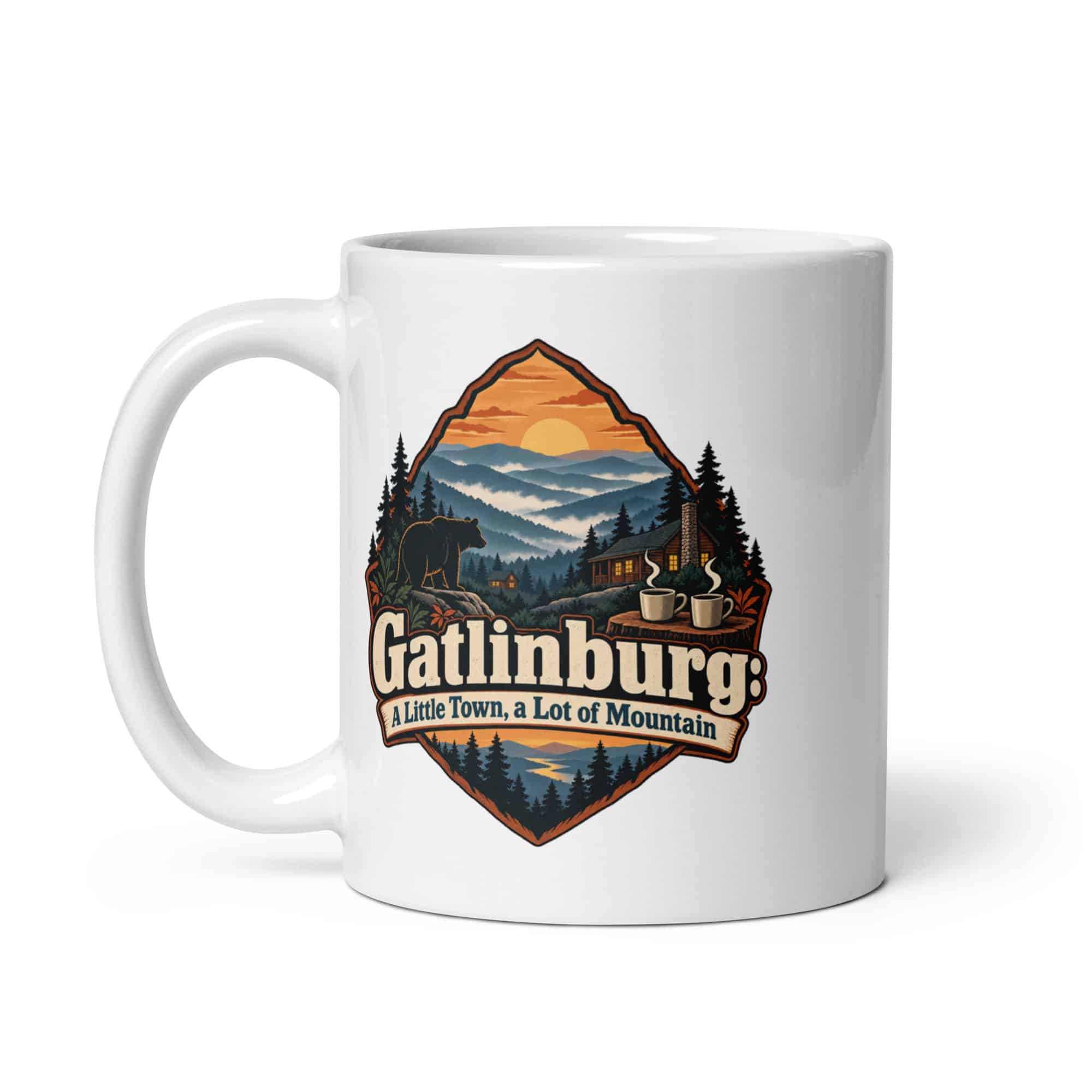 Gatlinburg and the Smokies White Ceramic Coffee Mug: Gatlinburg: A Little Town, a Lot of Mountain, Scenic Shield Badge