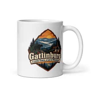 Gatlinburg and the Smokies White Ceramic Coffee Mug: Gatlinburg: A Little Town, a Lot of Mountain, Scenic Shield Badge - 11 oz - Main