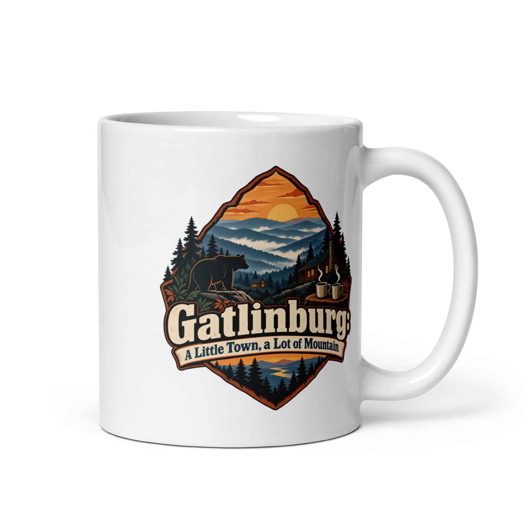 Gatlinburg and the Smokies White Ceramic Coffee Mug: Gatlinburg: A Little Town, a Lot of Mountain, Scenic Shield Badge