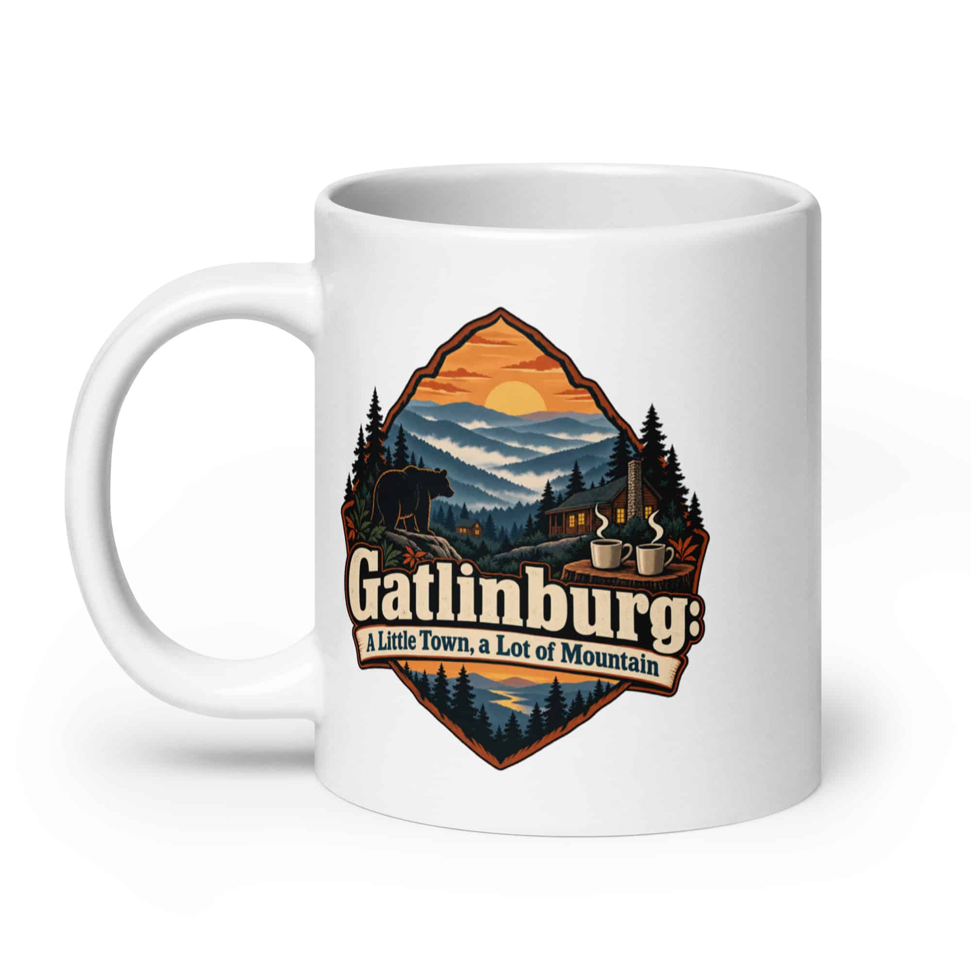 Gatlinburg and the Smokies White Ceramic Coffee Mug: Gatlinburg: A Little Town, a Lot of Mountain, Scenic Shield Badge