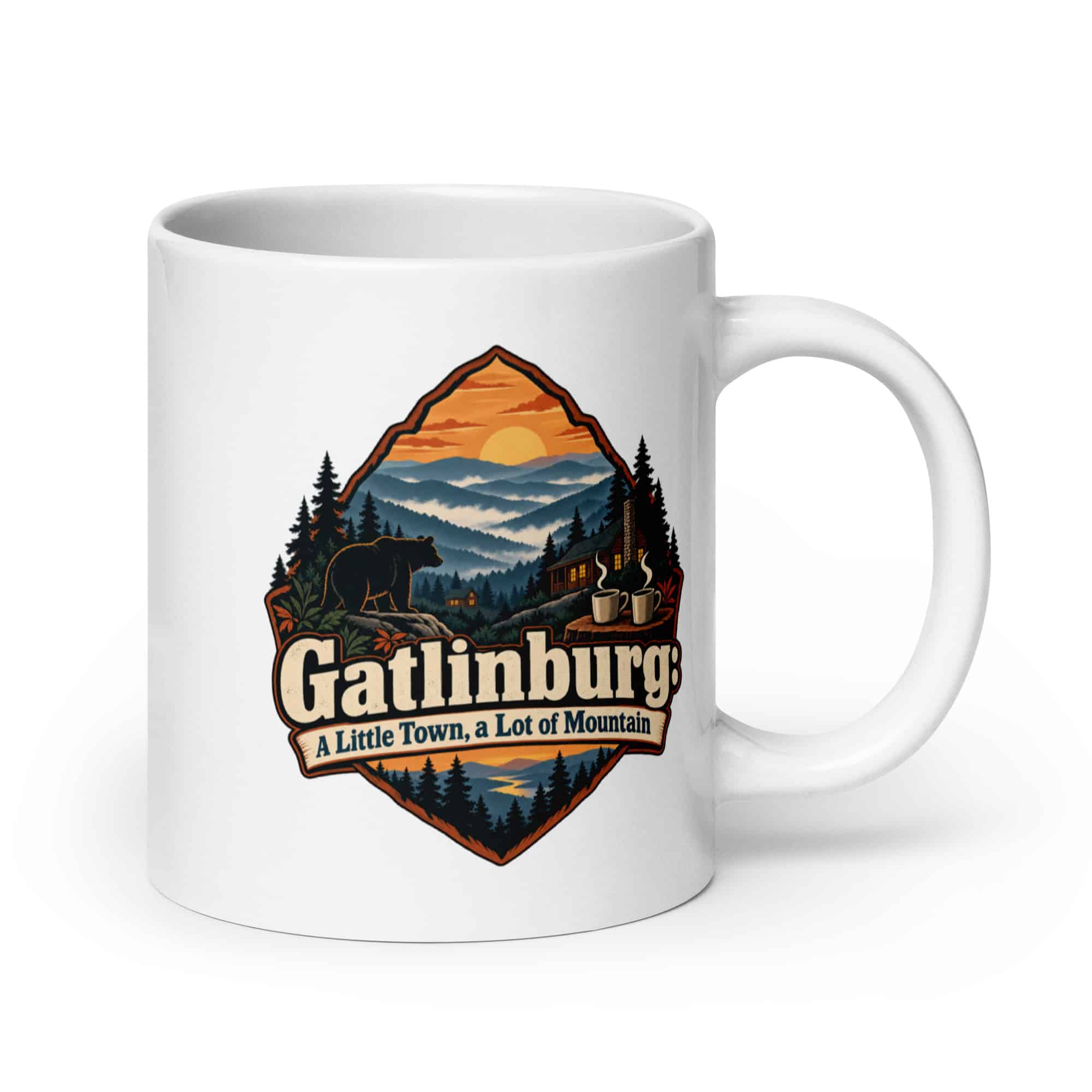 Gatlinburg and the Smokies White Ceramic Coffee Mug: Gatlinburg: A Little Town, a Lot of Mountain, Scenic Shield Badge