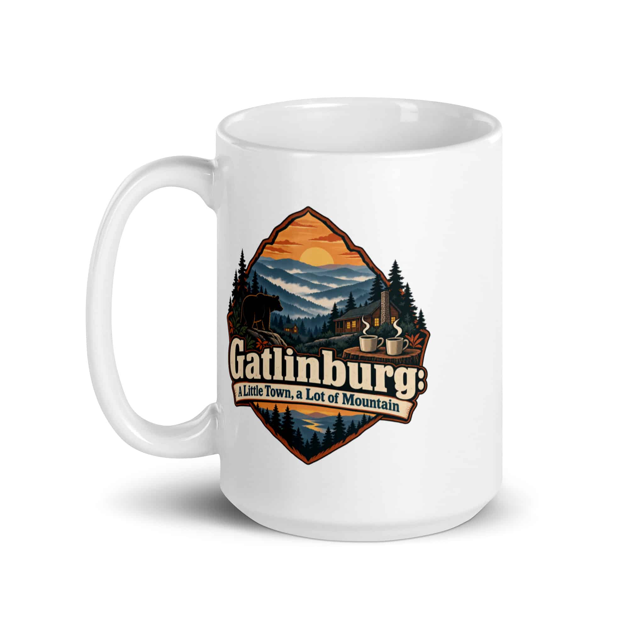 Gatlinburg and the Smokies White Ceramic Coffee Mug: Gatlinburg: A Little Town, a Lot of Mountain, Scenic Shield Badge