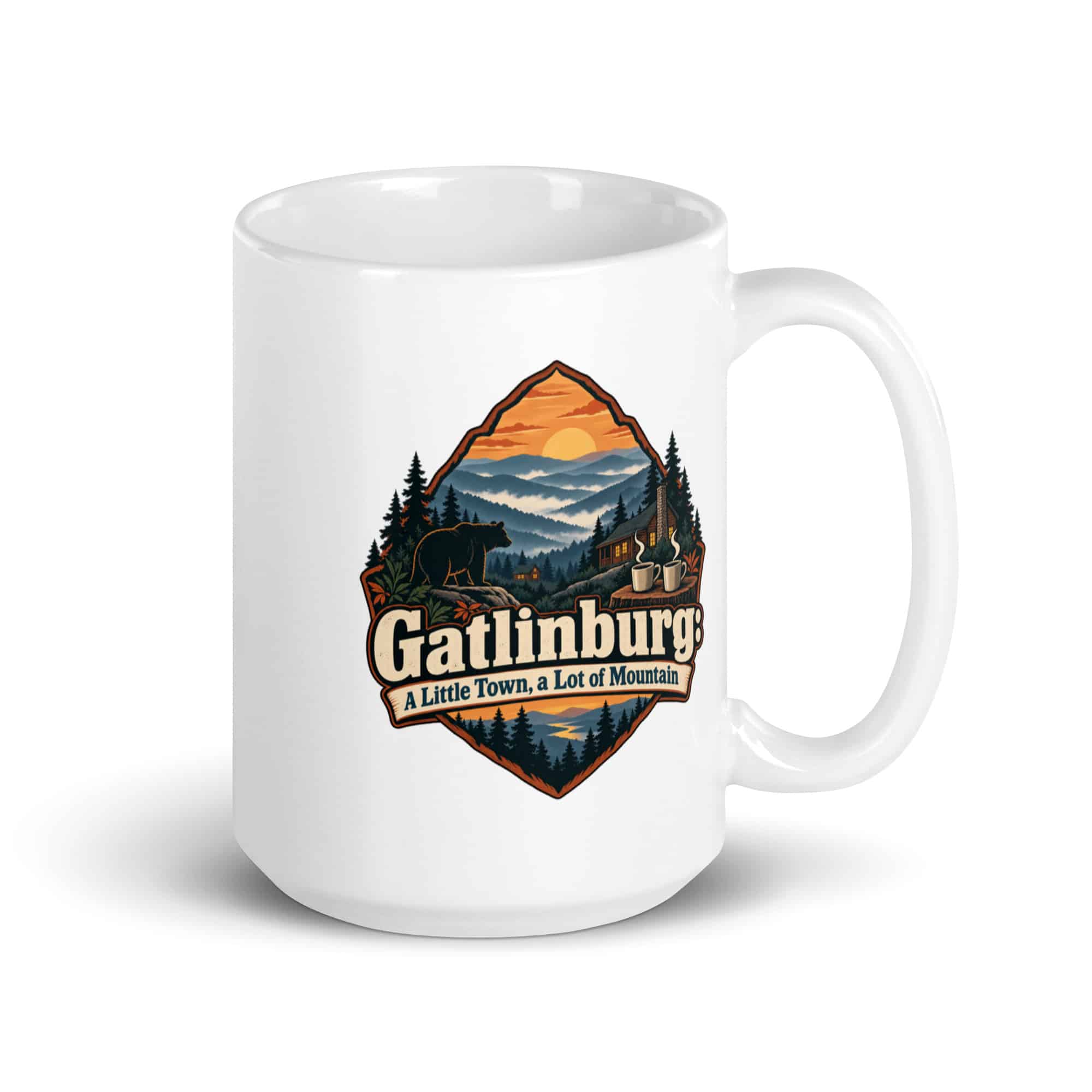 Gatlinburg and the Smokies White Ceramic Coffee Mug: Gatlinburg: A Little Town, a Lot of Mountain, Scenic Shield Badge