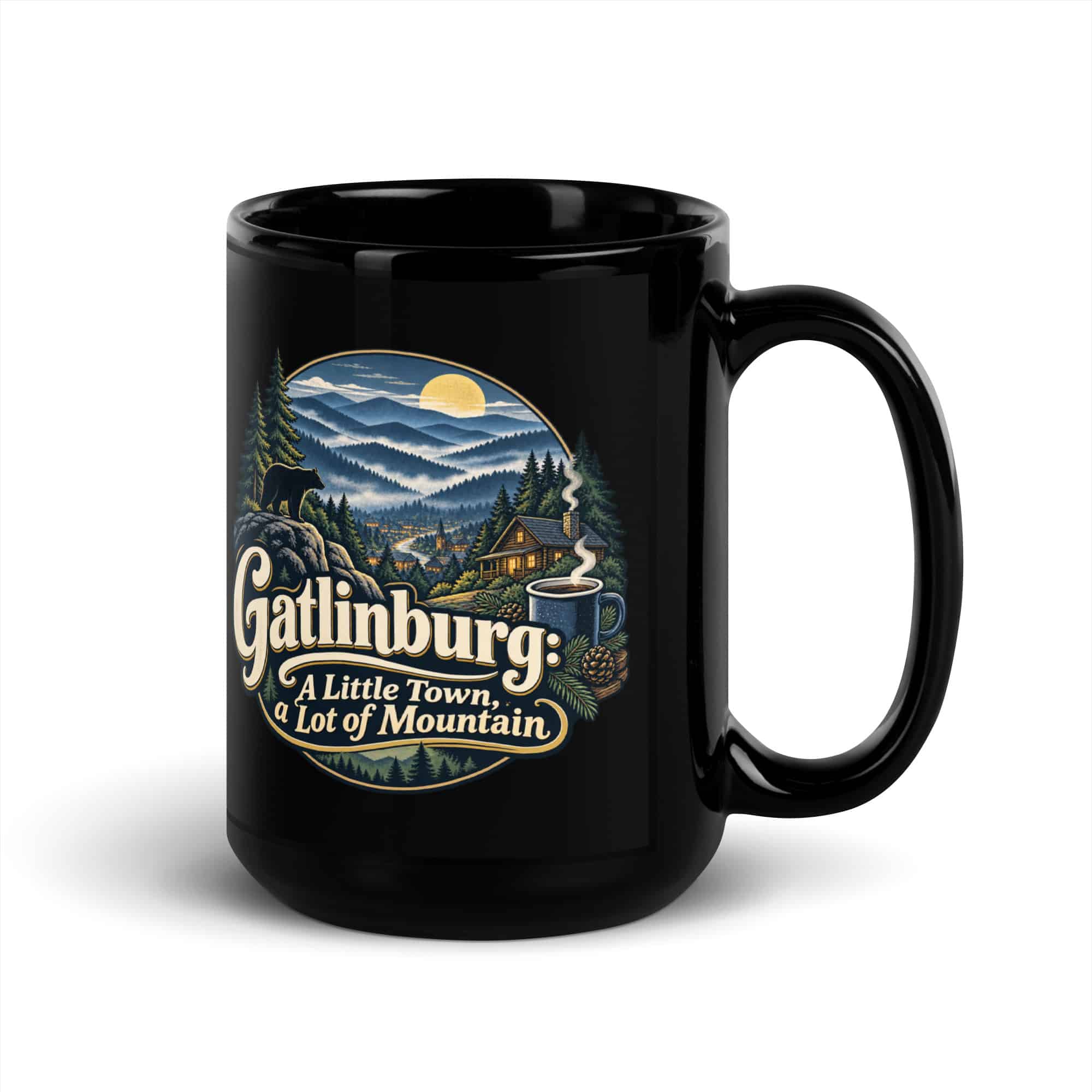 Gatlinburg and the Smokies Black Coffee Mug: Gatlinburg: A Little Town, a Lot of Mountain, Woodland Scenic Lettering