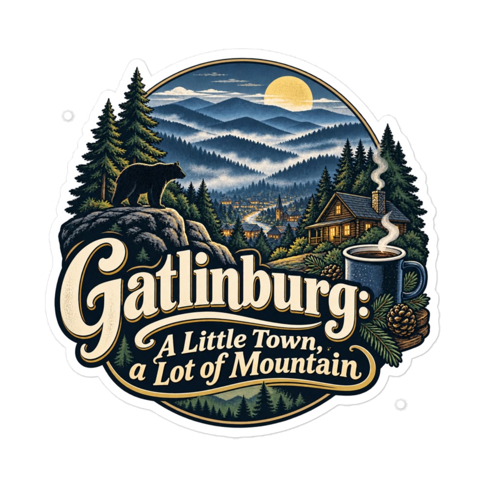 Gatlinburg and the Smokies Vinyl Sticker: Gatlinburg: A Little Town, a Lot of Mountain, Woodland Scenic Lettering