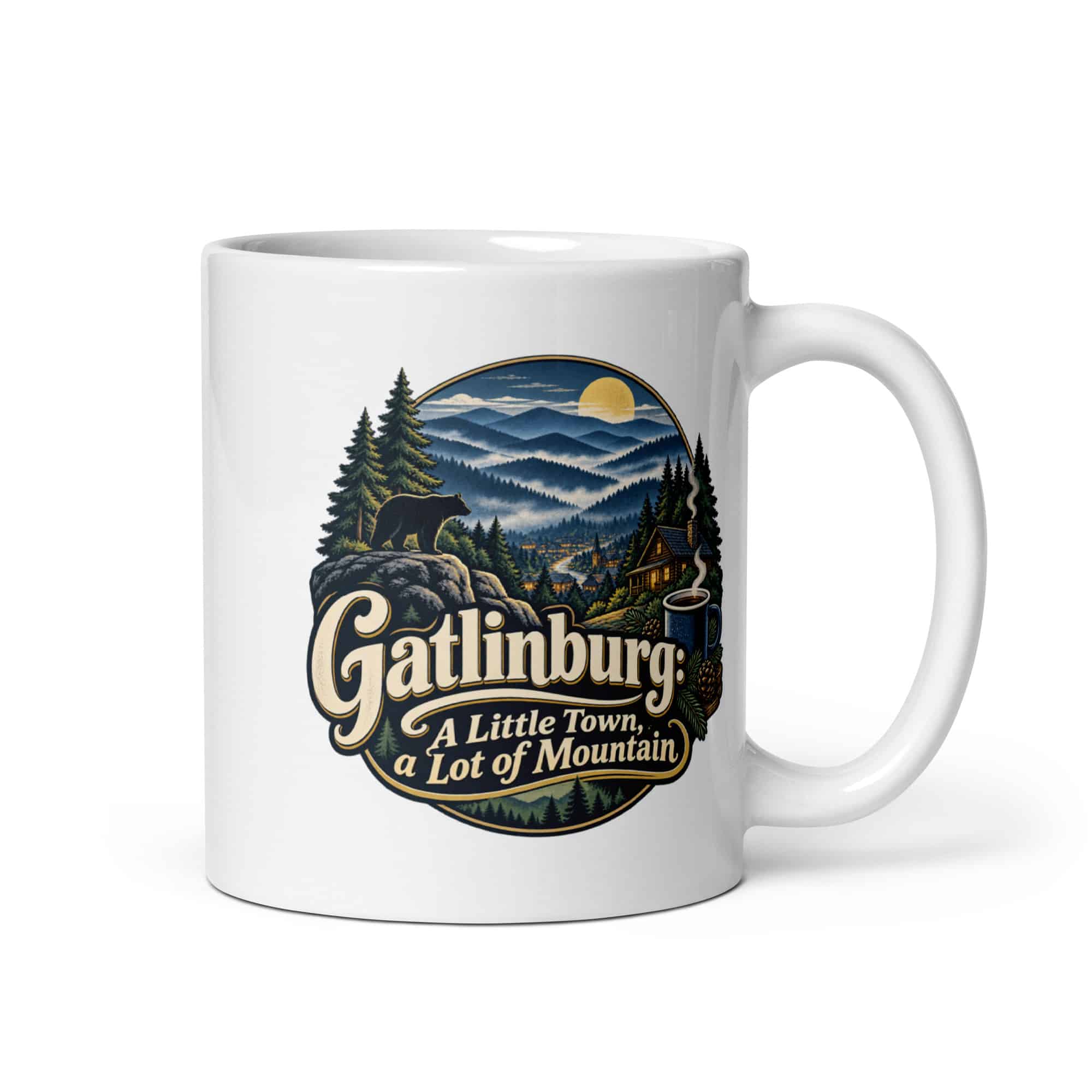 Gatlinburg and the Smokies White Ceramic Coffee Mug: Gatlinburg: A Little Town, a Lot of Mountain, Woodland Scenic Lettering