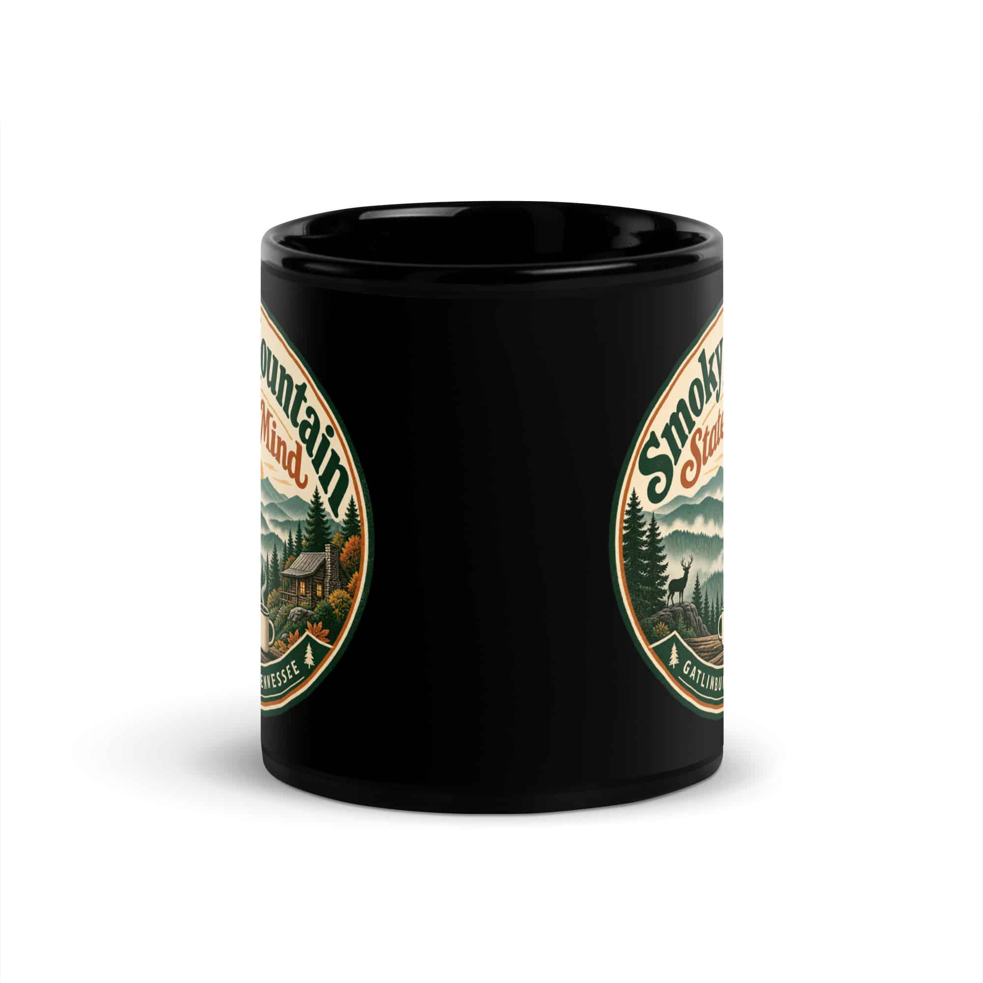 Gatlinburg and the Smokies Black Coffee Mug: Smoky Mountain State of Mind, Vintage Round Badge