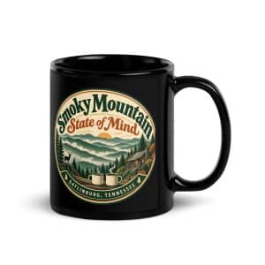 Gatlinburg and the Smokies Black Coffee Mug: Smoky Mountain State of Mind, Vintage Round Badge - 11 oz - Handle on Right