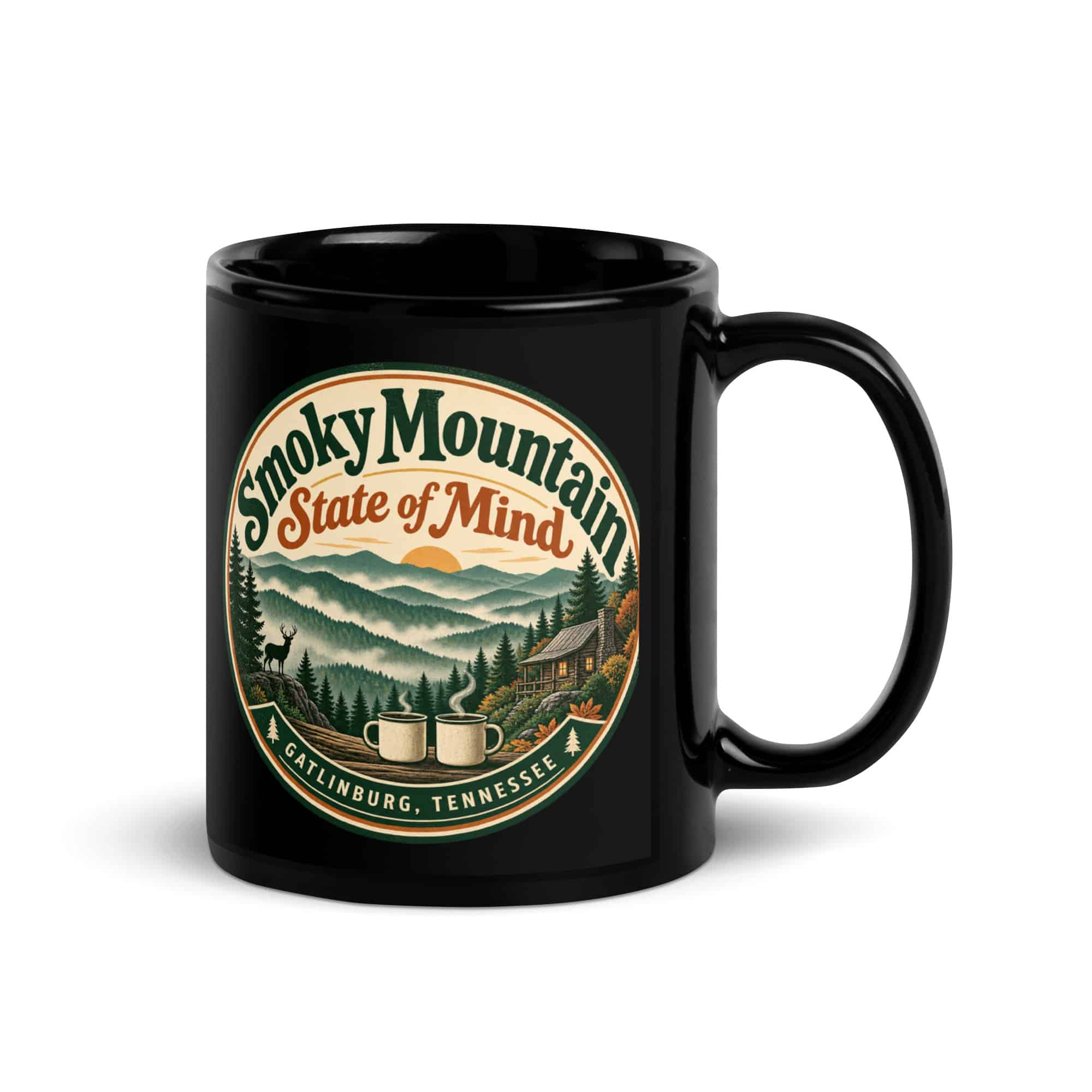 Gatlinburg and the Smokies Black Coffee Mug: Smoky Mountain State of Mind, Vintage Round Badge