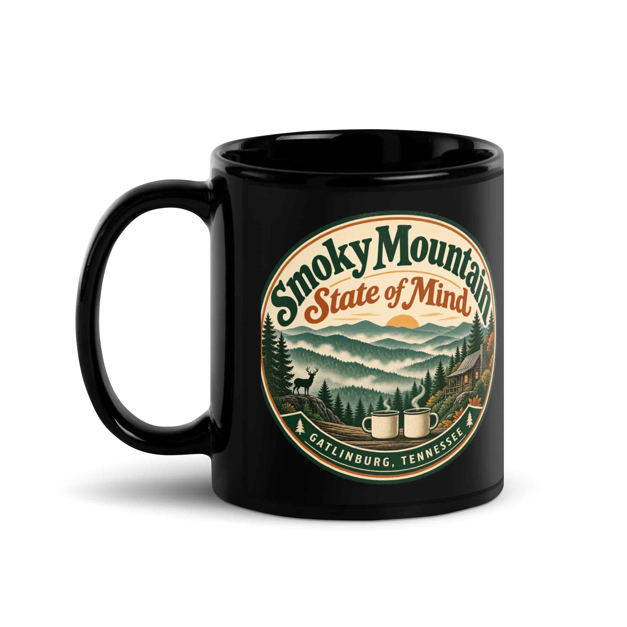 Gatlinburg and the Smokies Black Coffee Mug: Smoky Mountain State of Mind, Vintage Round Badge