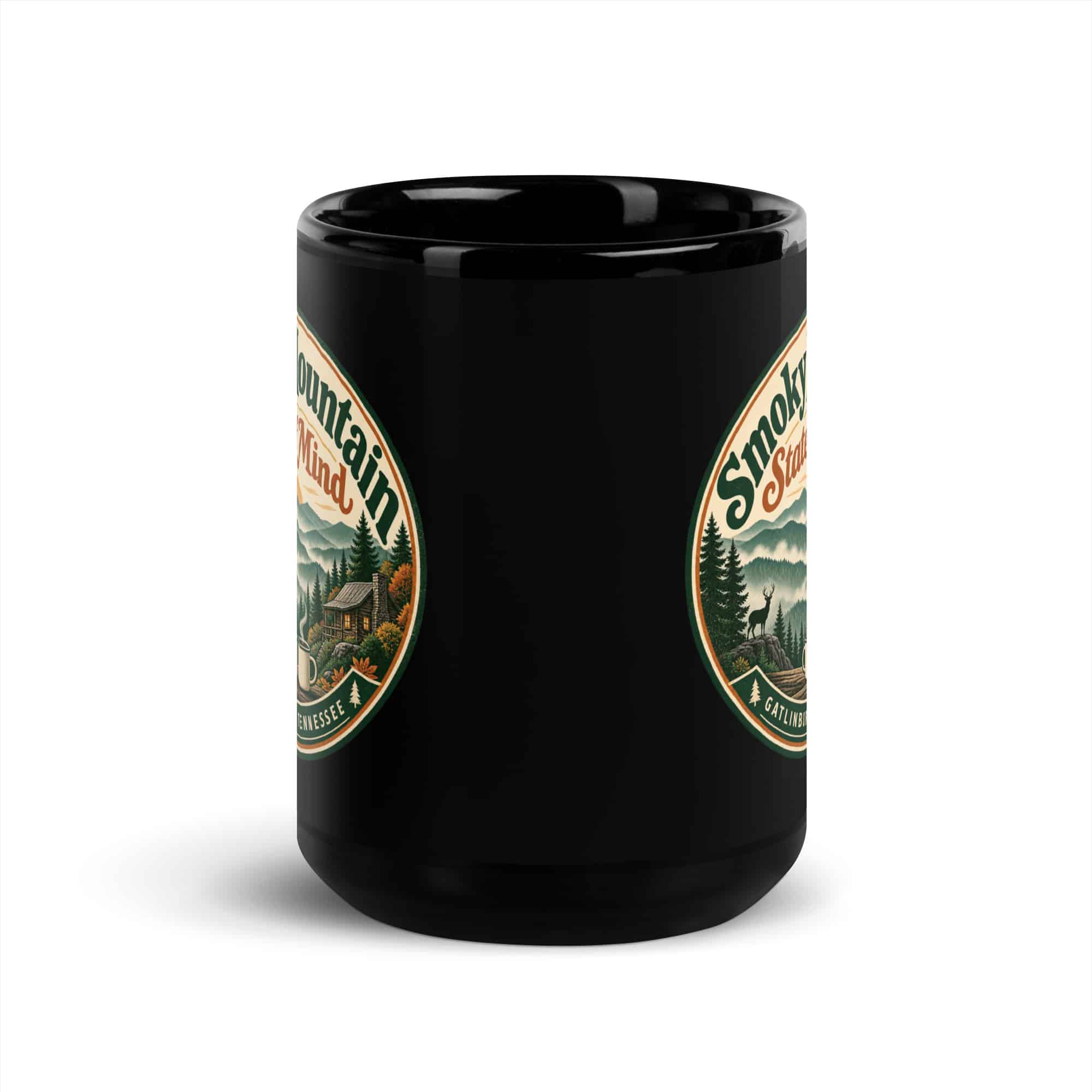 Gatlinburg and the Smokies Black Coffee Mug: Smoky Mountain State of Mind, Vintage Round Badge
