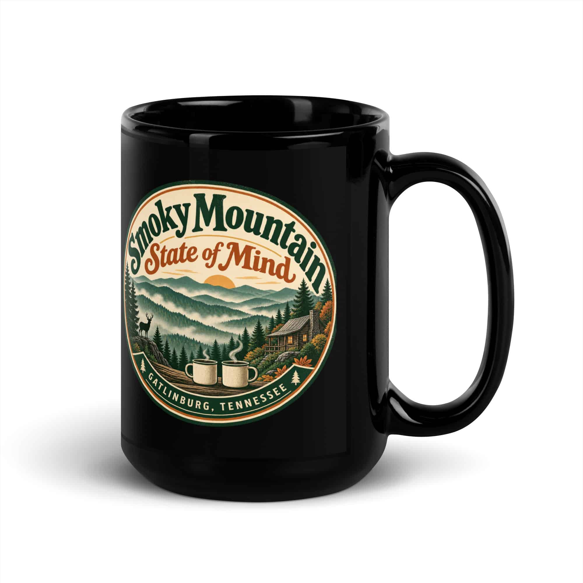 Gatlinburg and the Smokies Black Coffee Mug: Smoky Mountain State of Mind, Vintage Round Badge