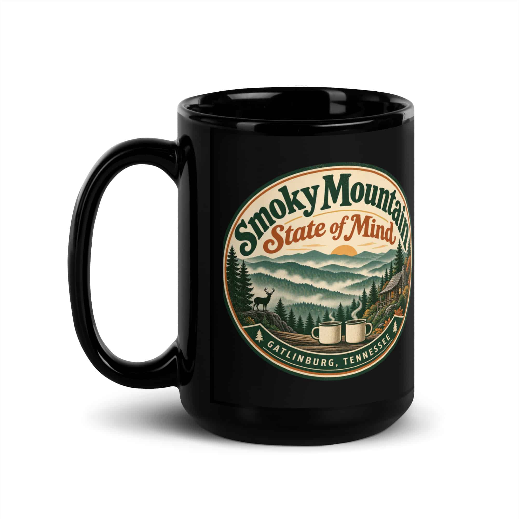 Gatlinburg and the Smokies Black Coffee Mug: Smoky Mountain State of Mind, Vintage Round Badge