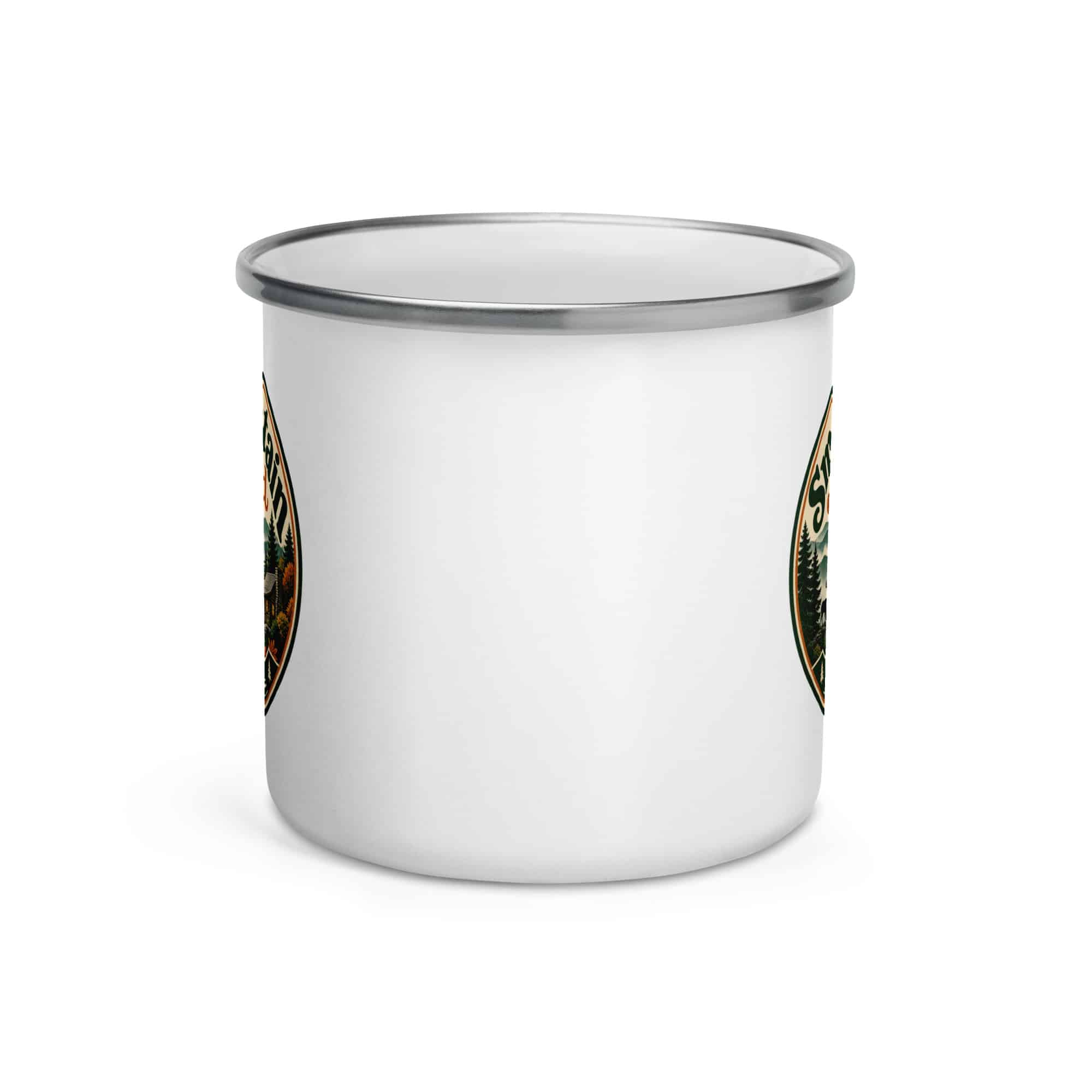 Gatlinburg and the Smokies Enamel Camp Mug: Smoky Mountain State of Mind, Vintage Round Badge