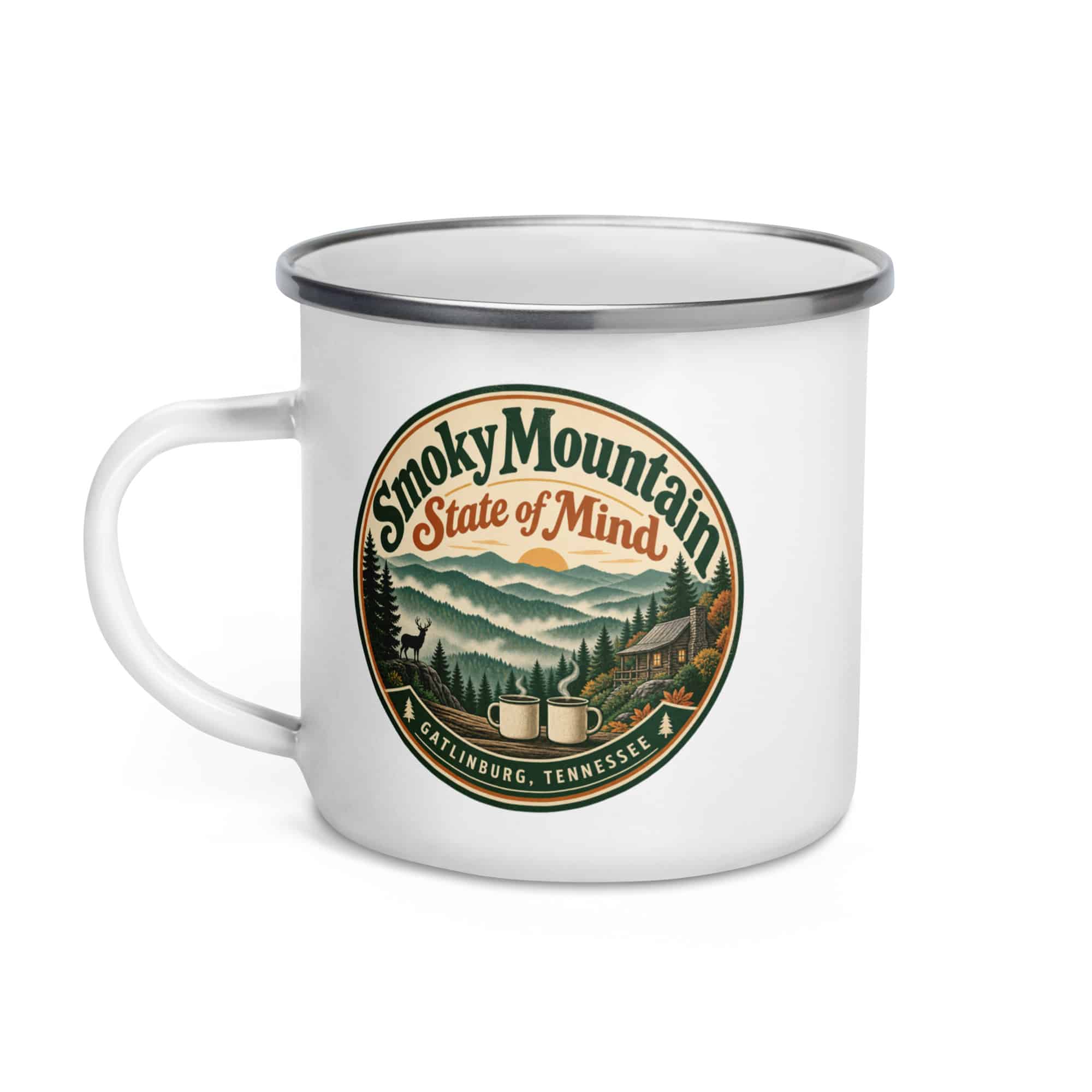 Gatlinburg and the Smokies Enamel Camp Mug: Smoky Mountain State of Mind, Vintage Round Badge