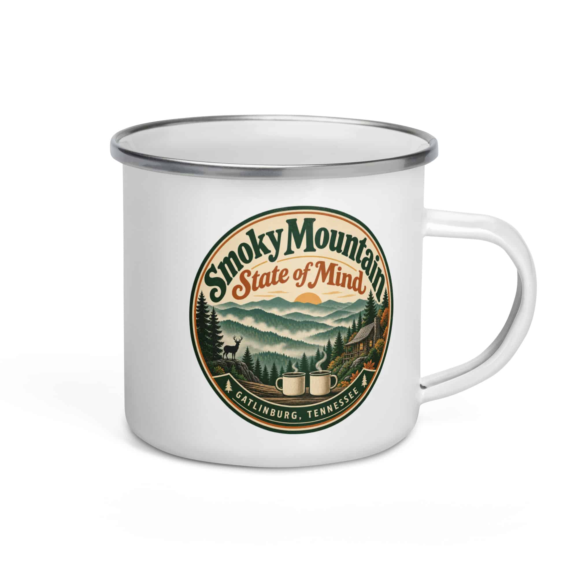 Gatlinburg and the Smokies Enamel Camp Mug: Smoky Mountain State of Mind, Vintage Round Badge
