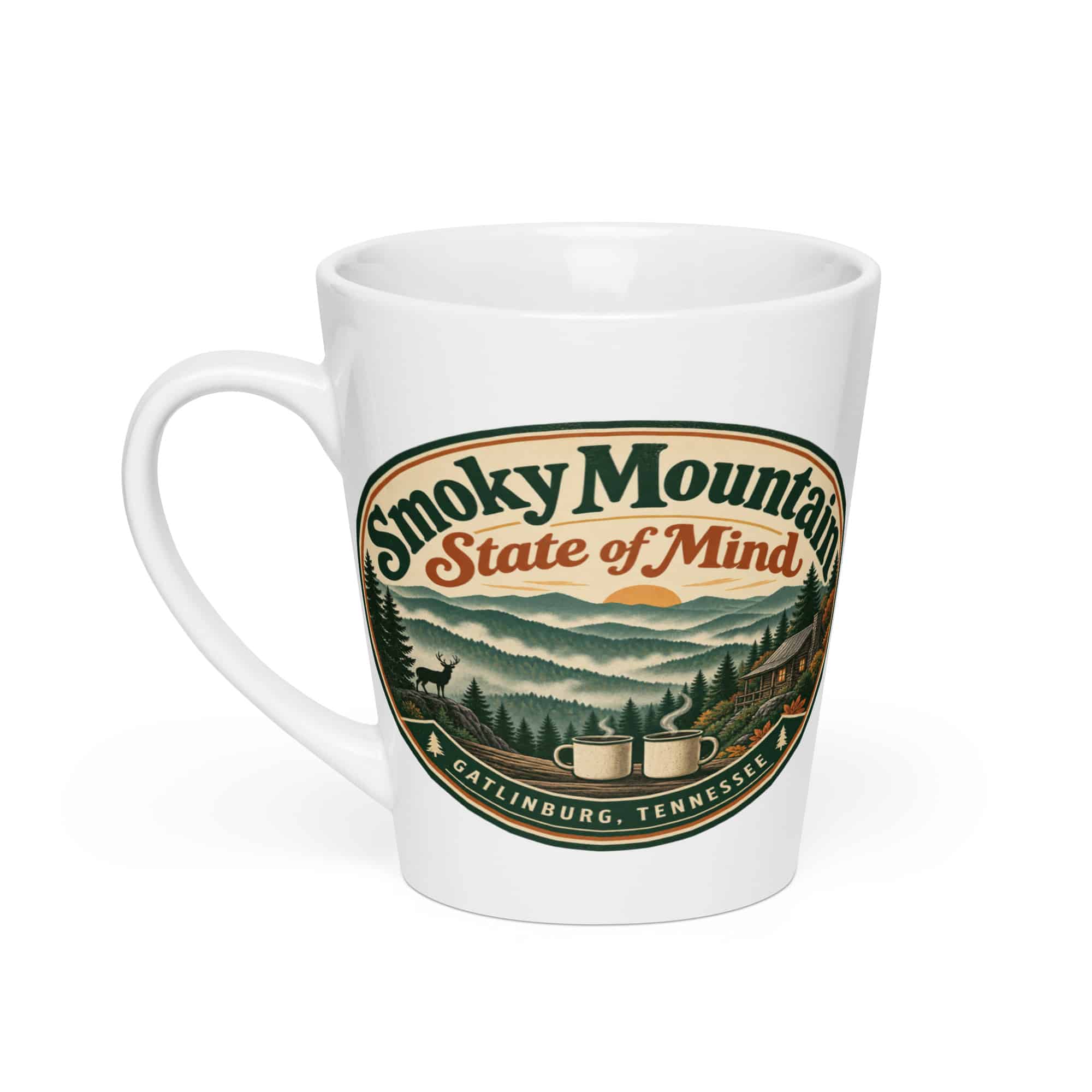 Gatlinburg and the Smokies Latte Mug: Smoky Mountain State of Mind, Vintage Round Badge
