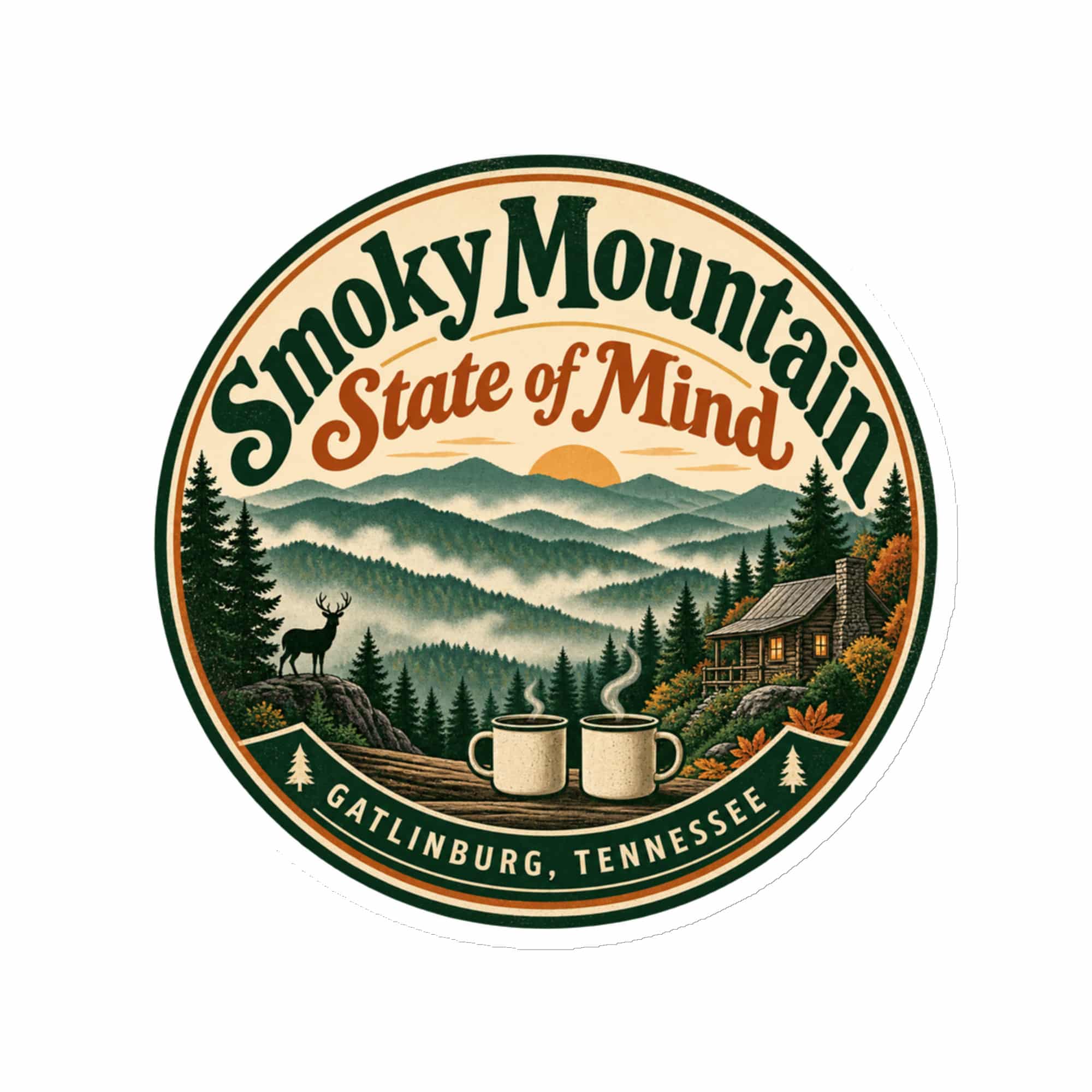 Gatlinburg and the Smokies Die-Cut Magnet: Smoky Mountain State of Mind, Vintage Round Badge