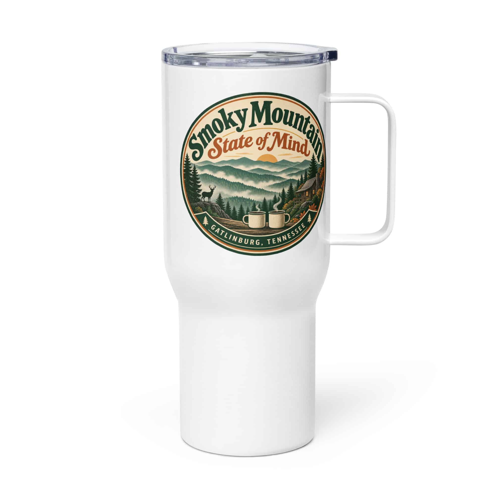 Gatlinburg and the Smokies Travel Mug: Smoky Mountain State of Mind, Vintage Round Badge