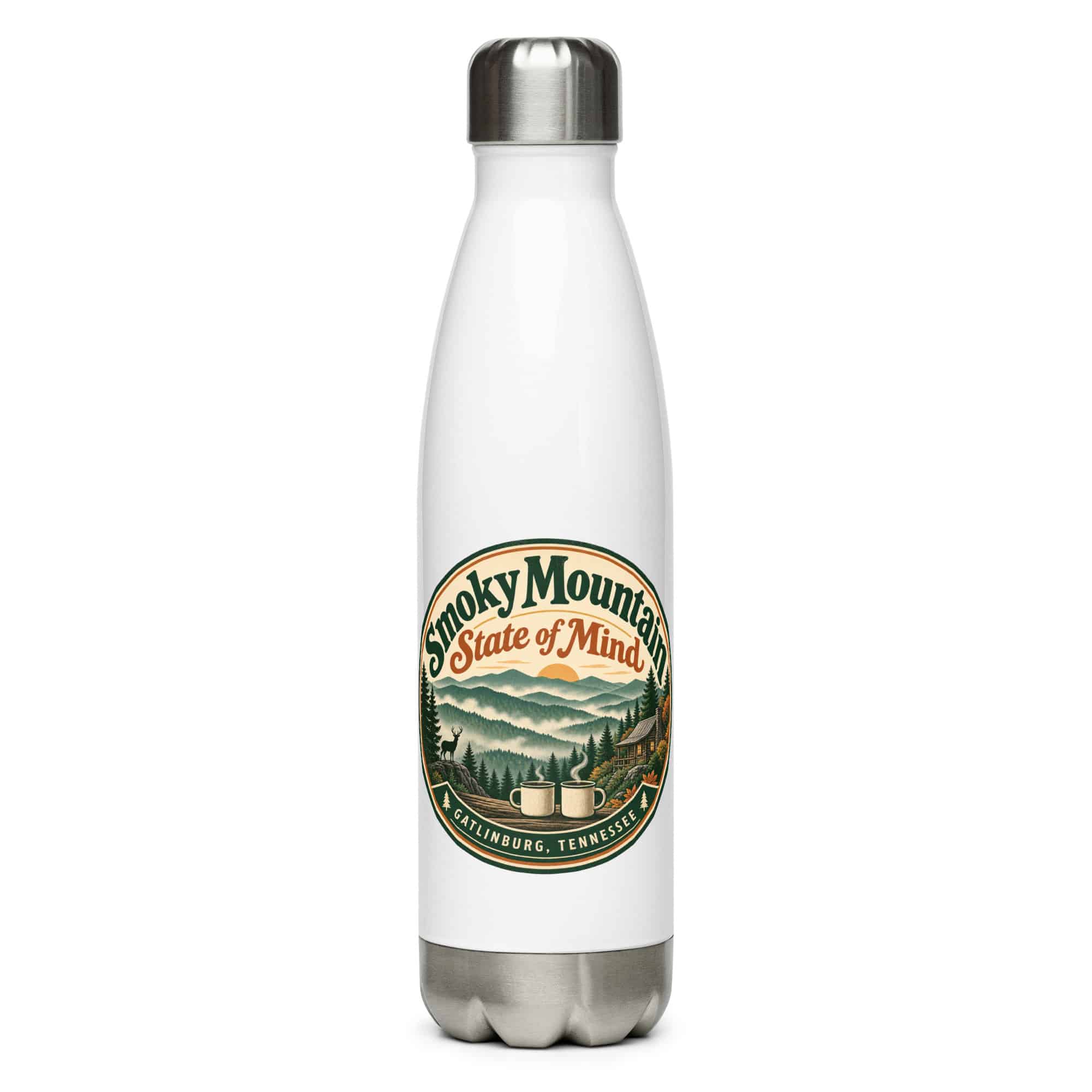 Gatlinburg and the Smokies Stainless Steel Water Bottle: Smoky Mountain State of Mind, Vintage Round Badge