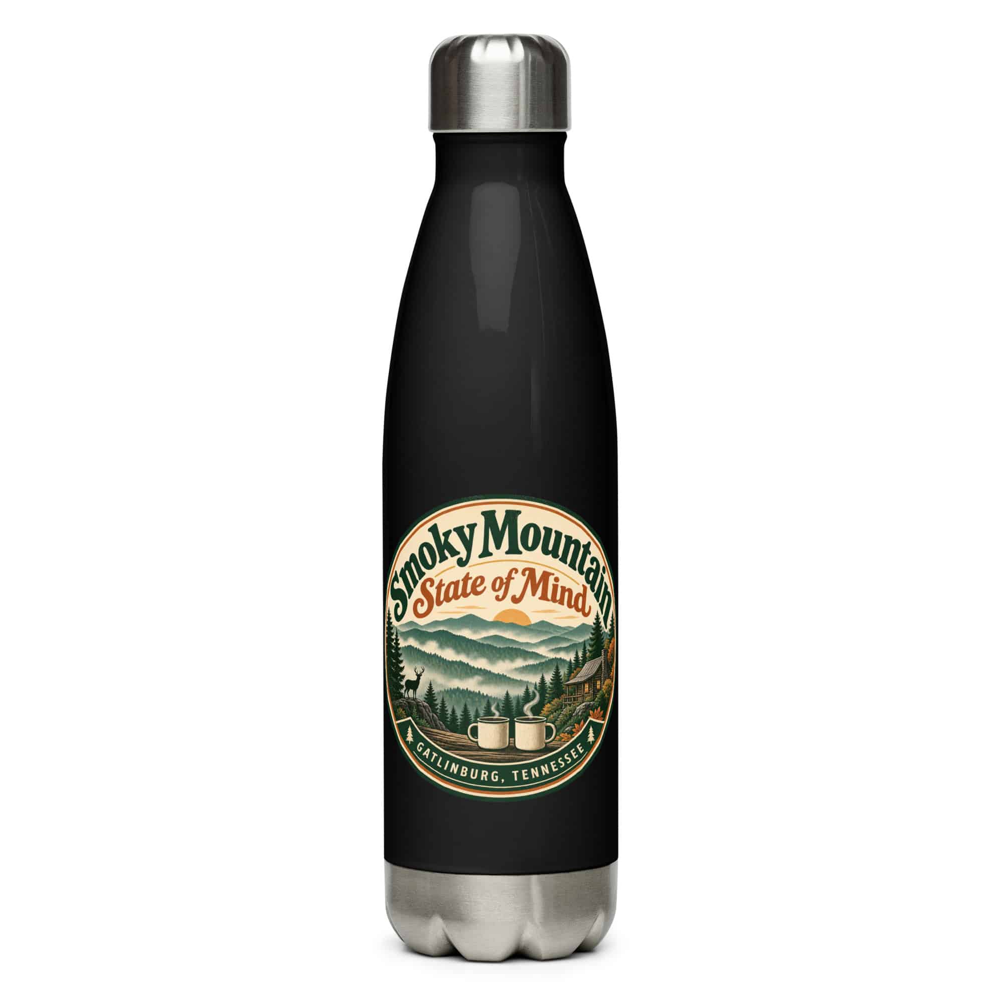 Gatlinburg and the Smokies Stainless Steel Water Bottle: Smoky Mountain State of Mind, Vintage Round Badge
