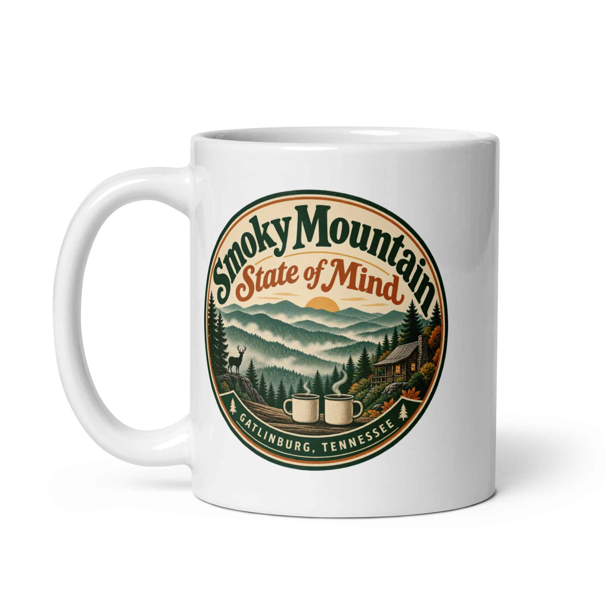 Gatlinburg and the Smokies White Ceramic Coffee Mug: Smoky Mountain State of Mind, Vintage Round Badge