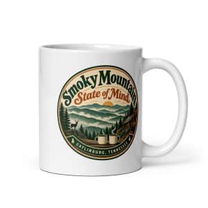 Gatlinburg and the Smokies White Ceramic Coffee Mug: Smoky Mountain State of Mind, Vintage Round Badge - 11 oz - Main