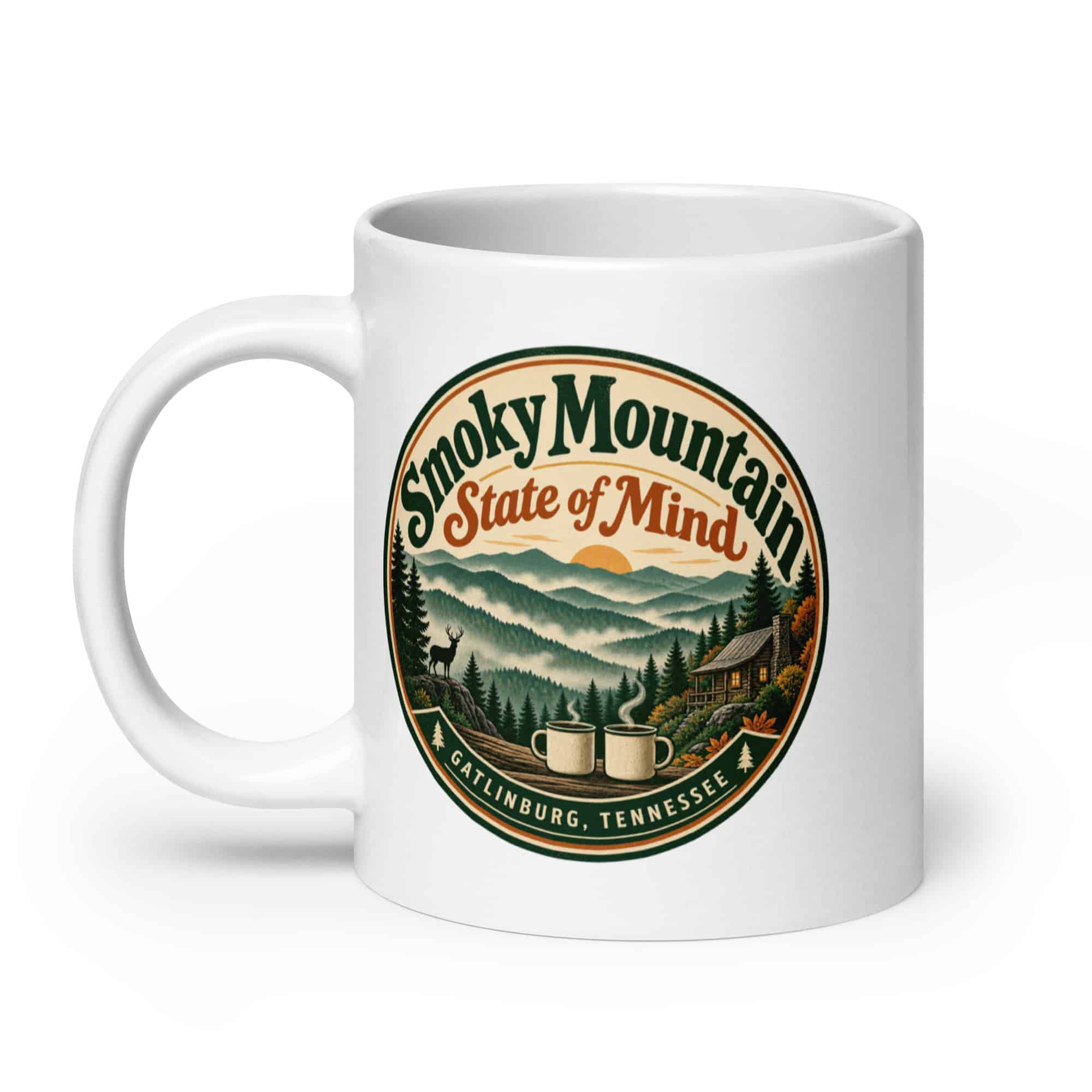 Gatlinburg and the Smokies White Ceramic Coffee Mug: Smoky Mountain State of Mind, Vintage Round Badge