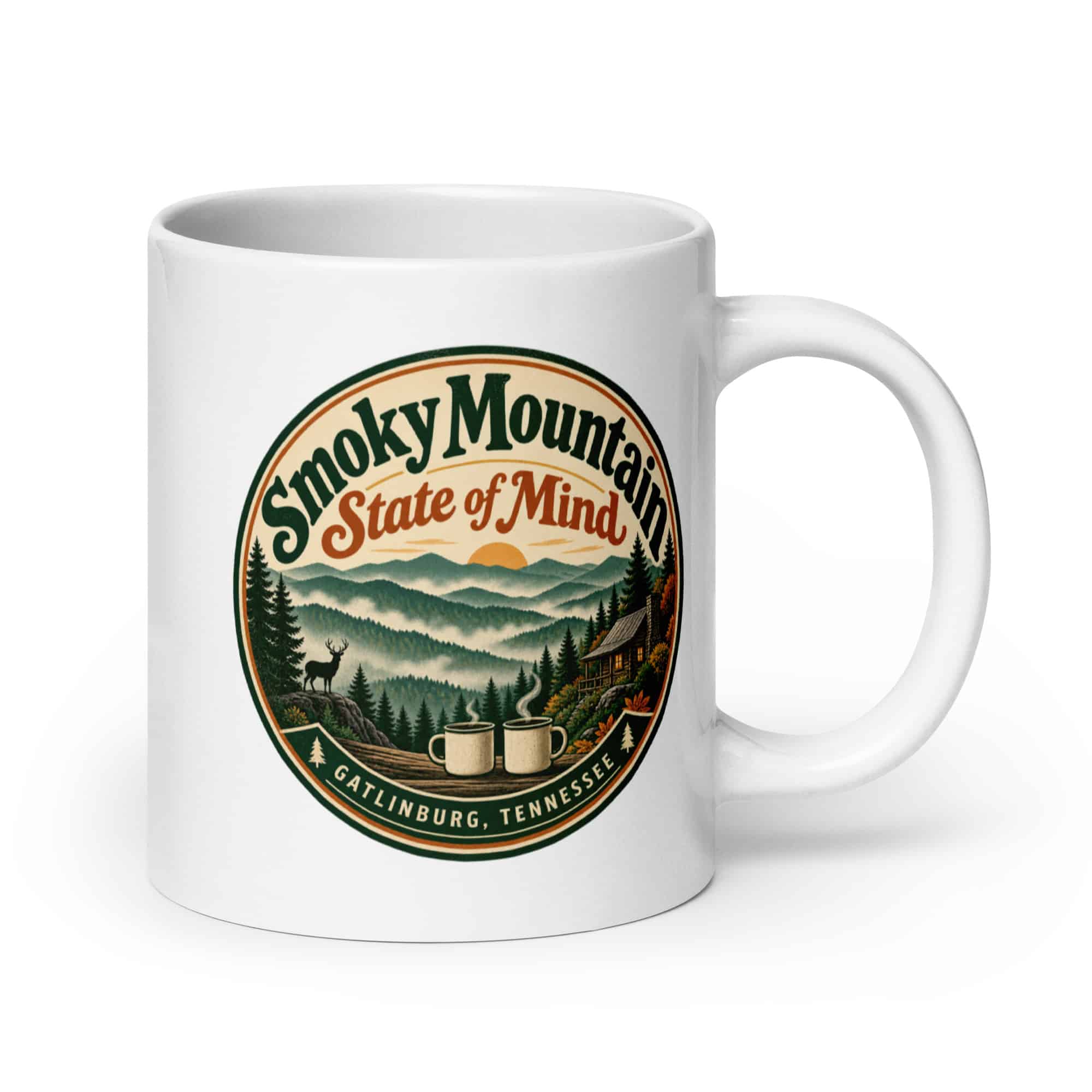 Gatlinburg and the Smokies White Ceramic Coffee Mug: Smoky Mountain State of Mind, Vintage Round Badge