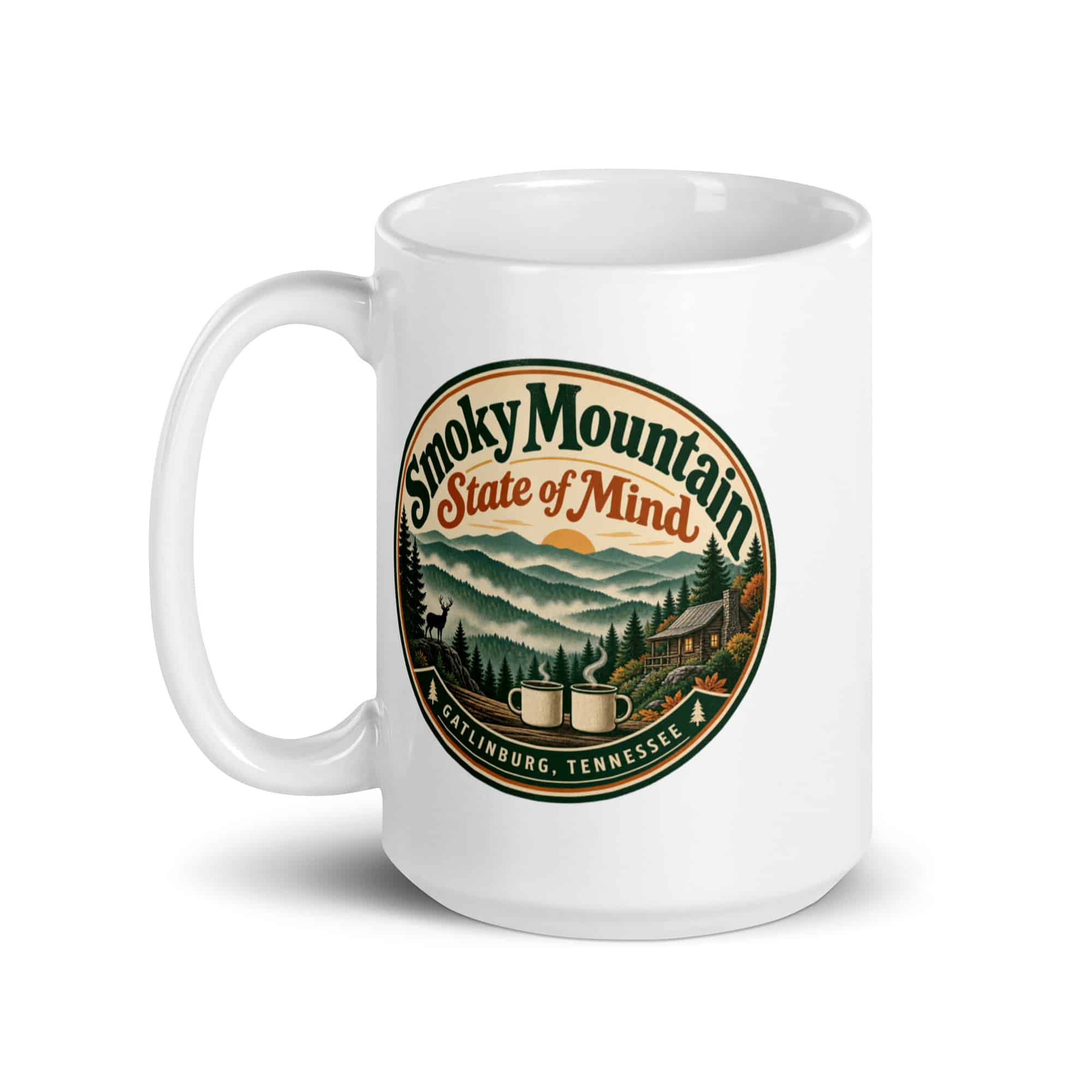 Gatlinburg and the Smokies White Ceramic Coffee Mug: Smoky Mountain State of Mind, Vintage Round Badge