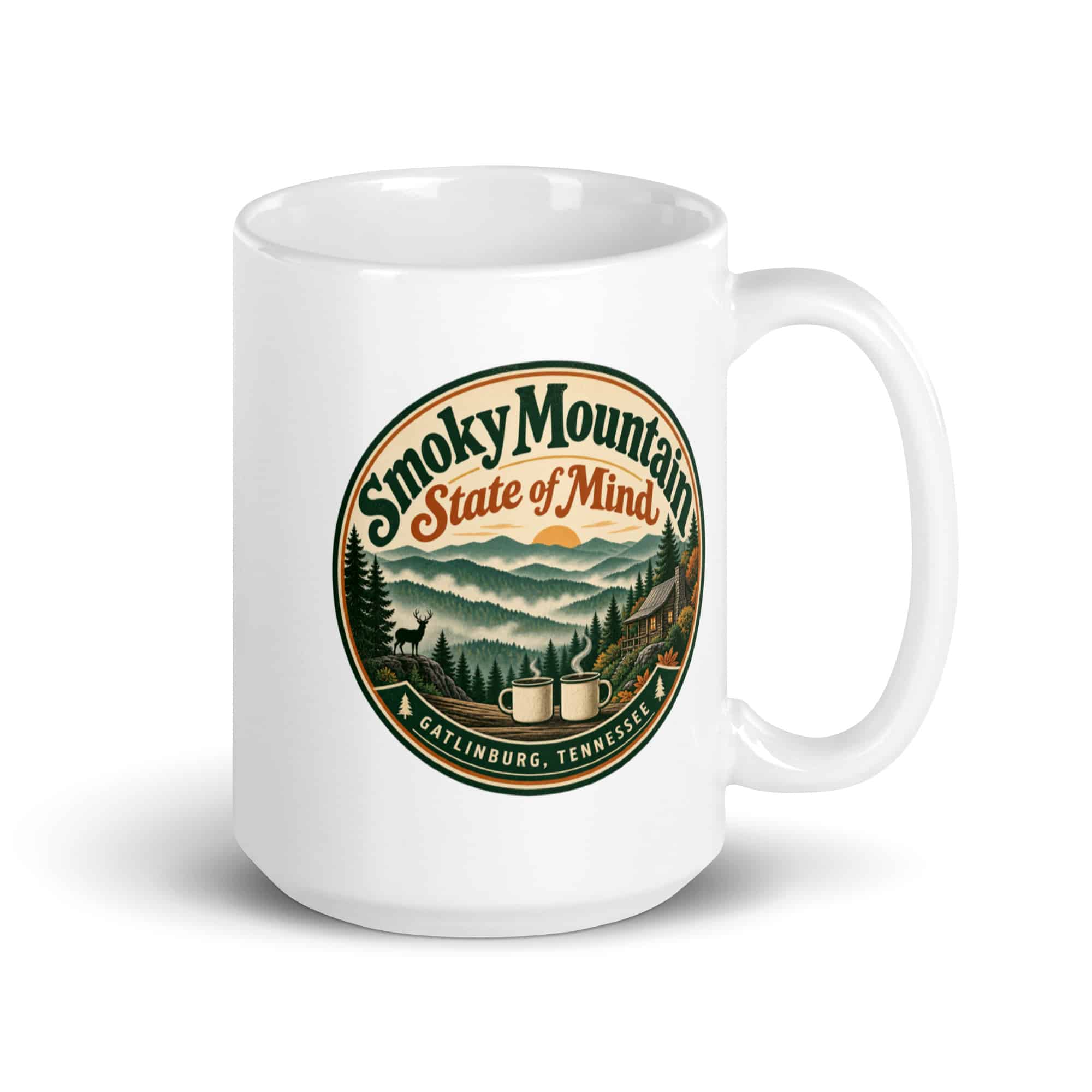 Gatlinburg and the Smokies White Ceramic Coffee Mug: Smoky Mountain State of Mind, Vintage Round Badge