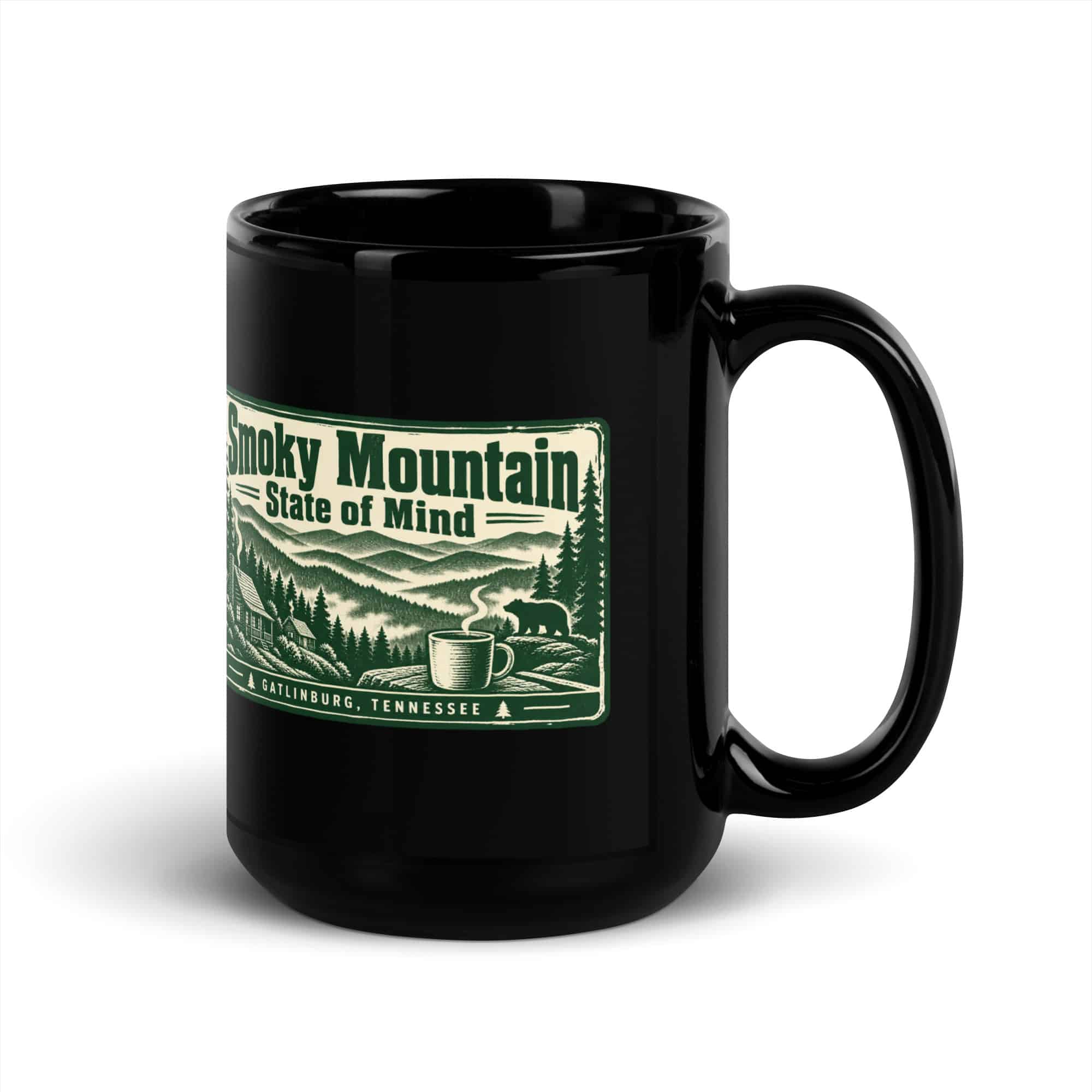 Gatlinburg and the Smokies Black Coffee Mug: Smoky Mountain State of Mind, Forest Ink Stamp