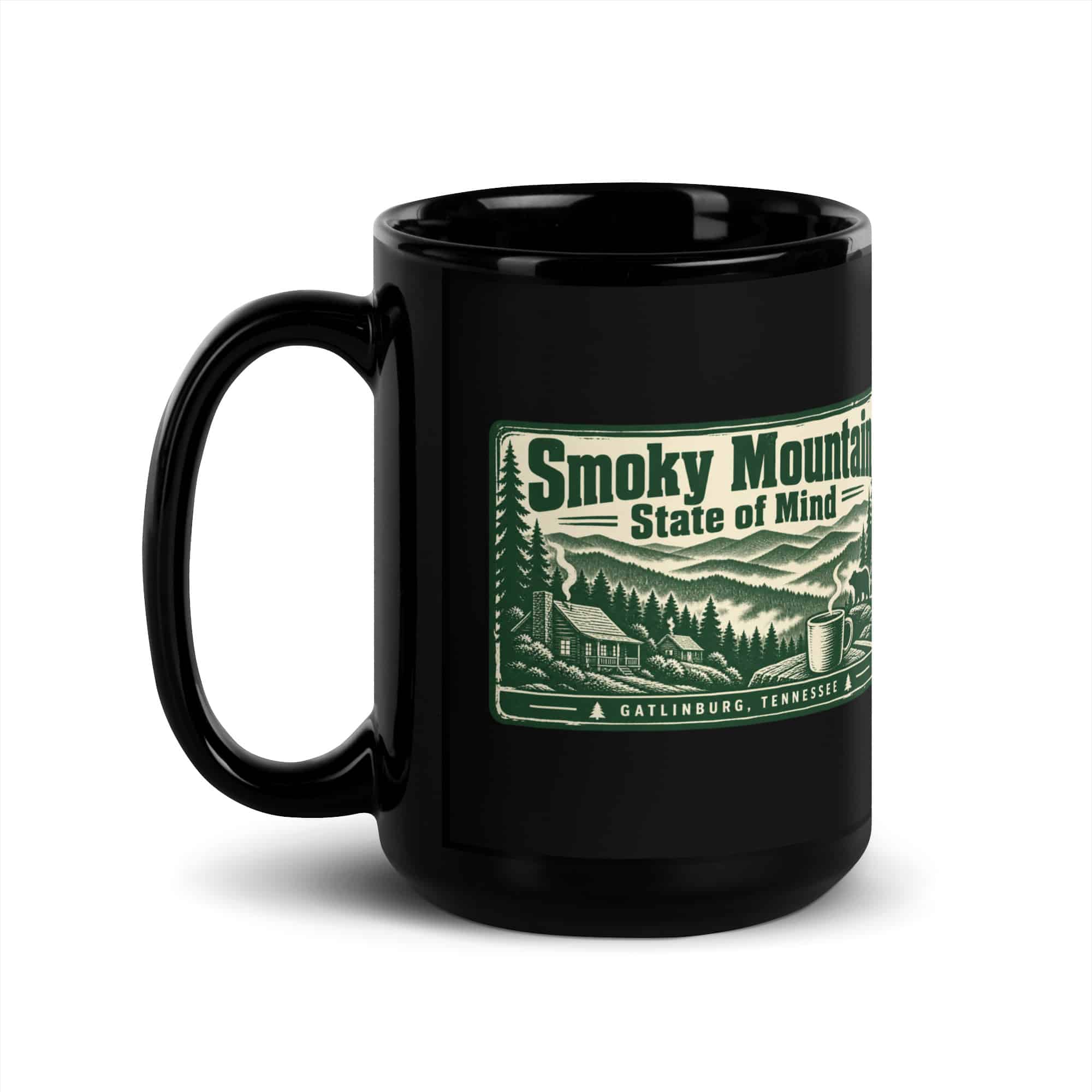 Gatlinburg and the Smokies Black Coffee Mug: Smoky Mountain State of Mind, Forest Ink Stamp