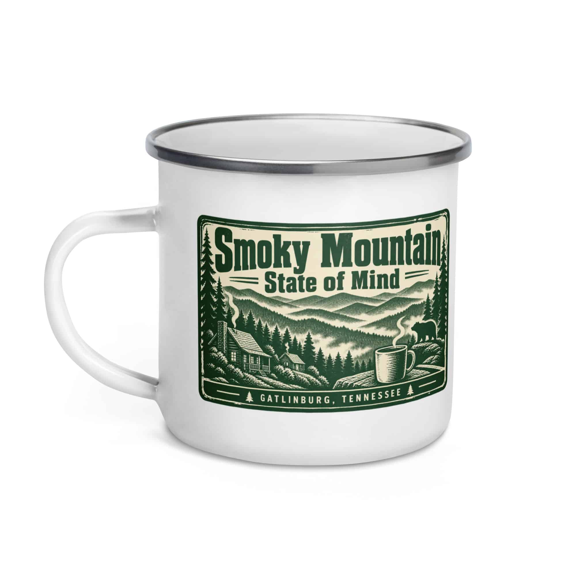 Gatlinburg and the Smokies Enamel Camp Mug: Smoky Mountain State of Mind, Forest Ink Stamp