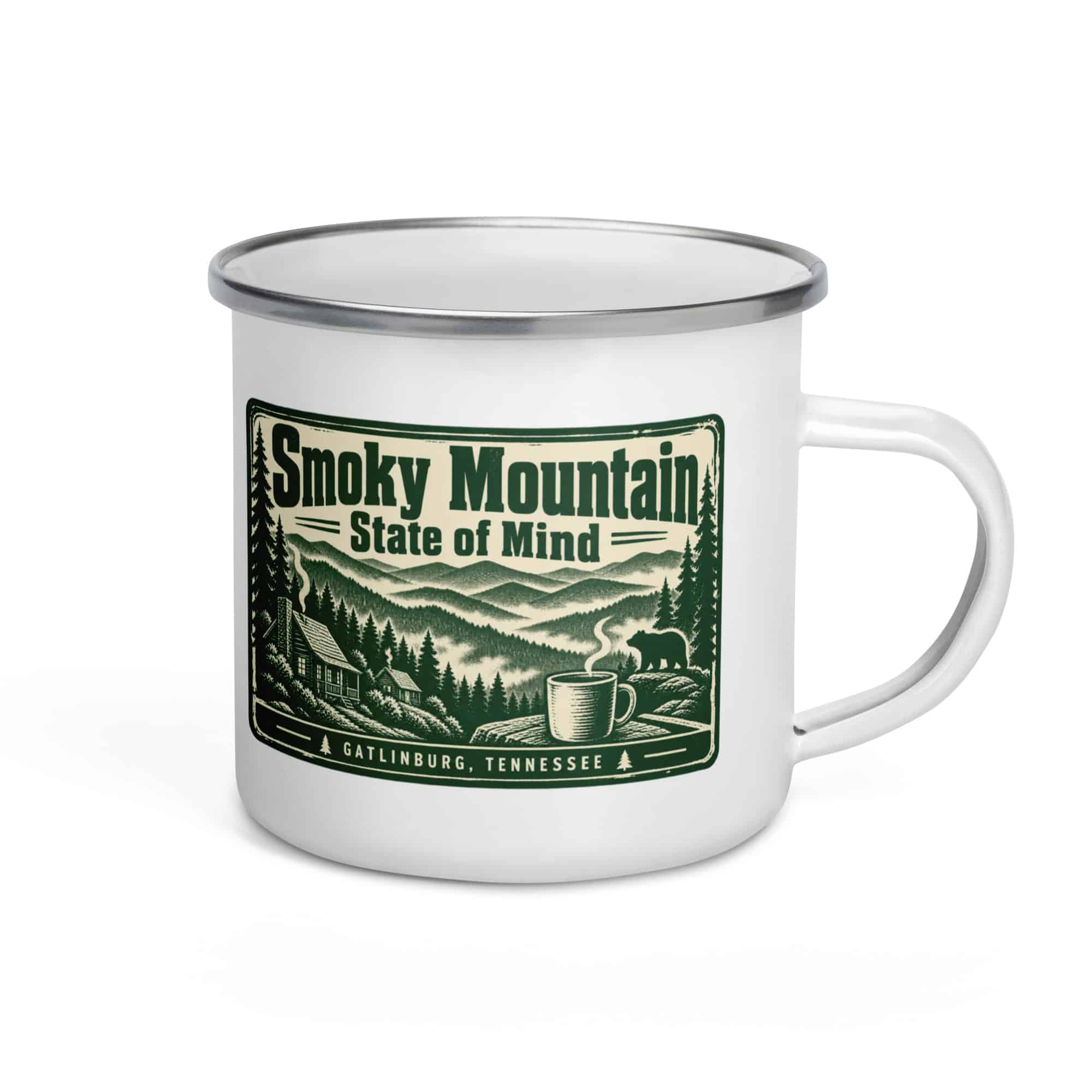 Gatlinburg and the Smokies Enamel Camp Mug: Smoky Mountain State of Mind, Forest Ink Stamp