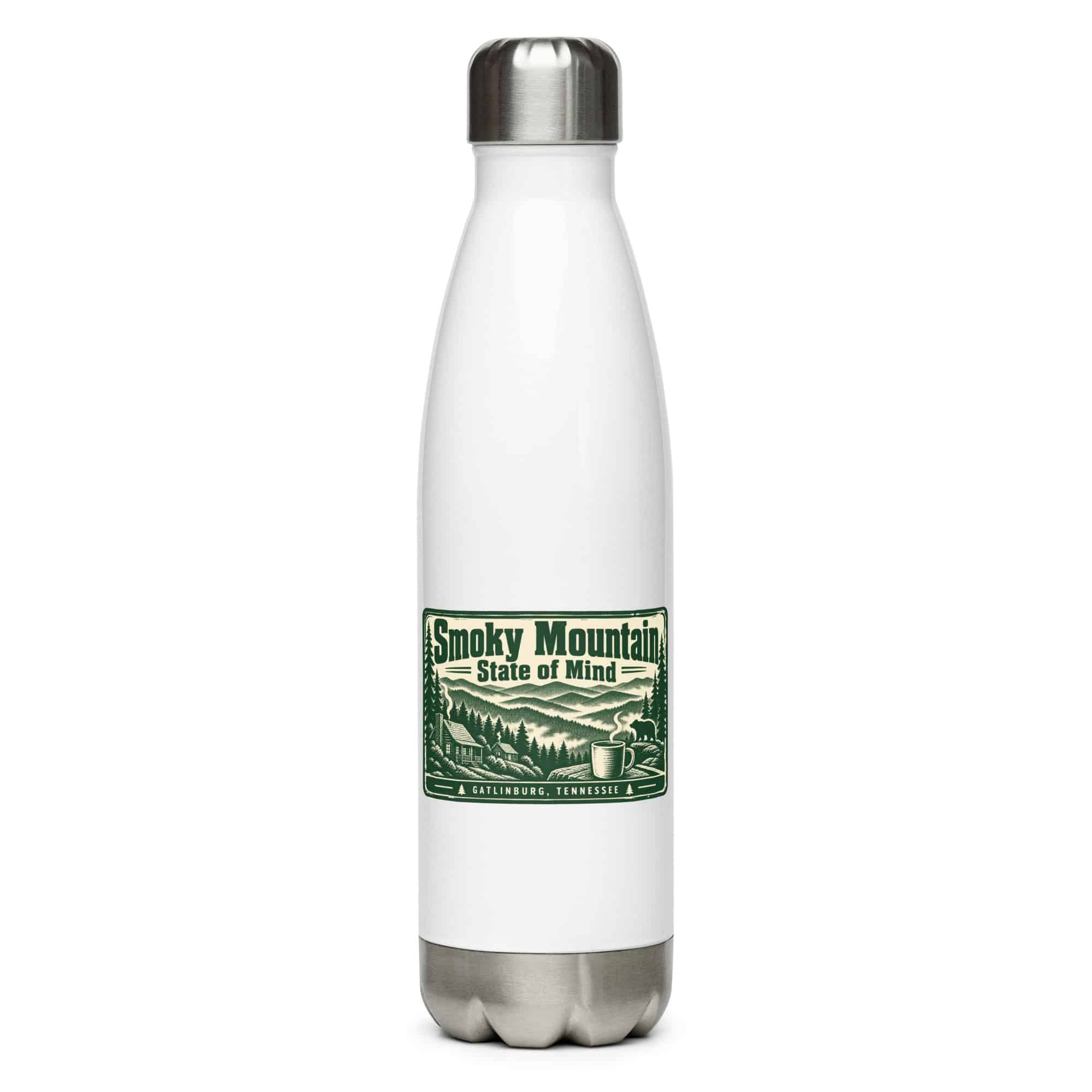 Gatlinburg and the Smokies Stainless Steel Water Bottle: Smoky Mountain State of Mind, Forest Ink Stamp