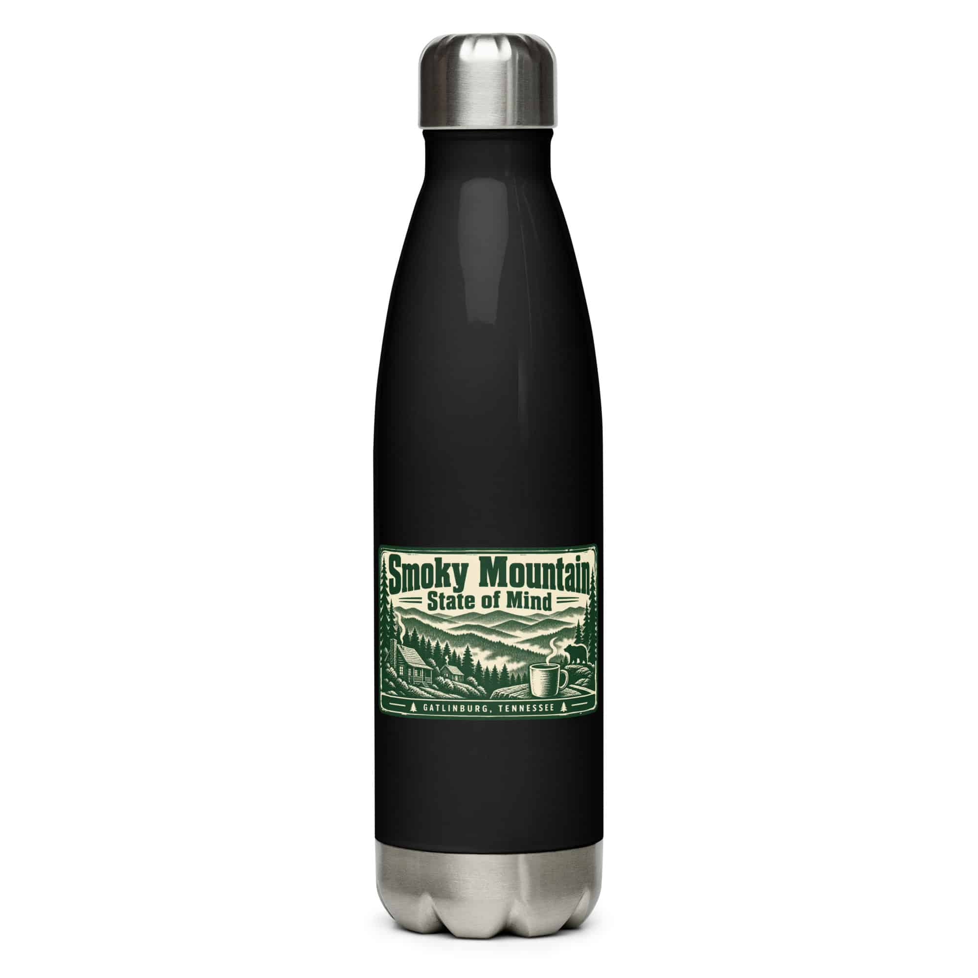 Gatlinburg and the Smokies Stainless Steel Water Bottle: Smoky Mountain State of Mind, Forest Ink Stamp