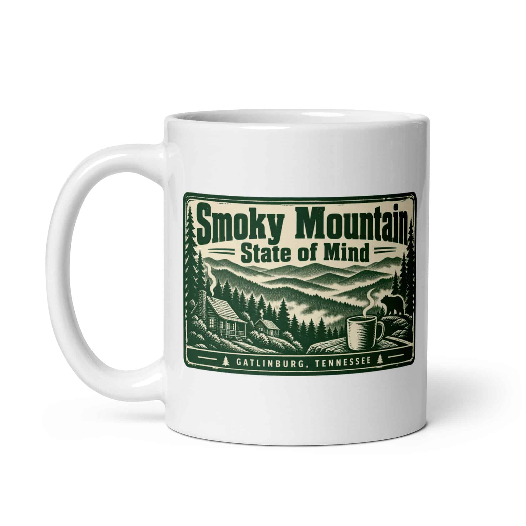 Gatlinburg and the Smokies White Ceramic Coffee Mug: Smoky Mountain State of Mind, Forest Ink Stamp