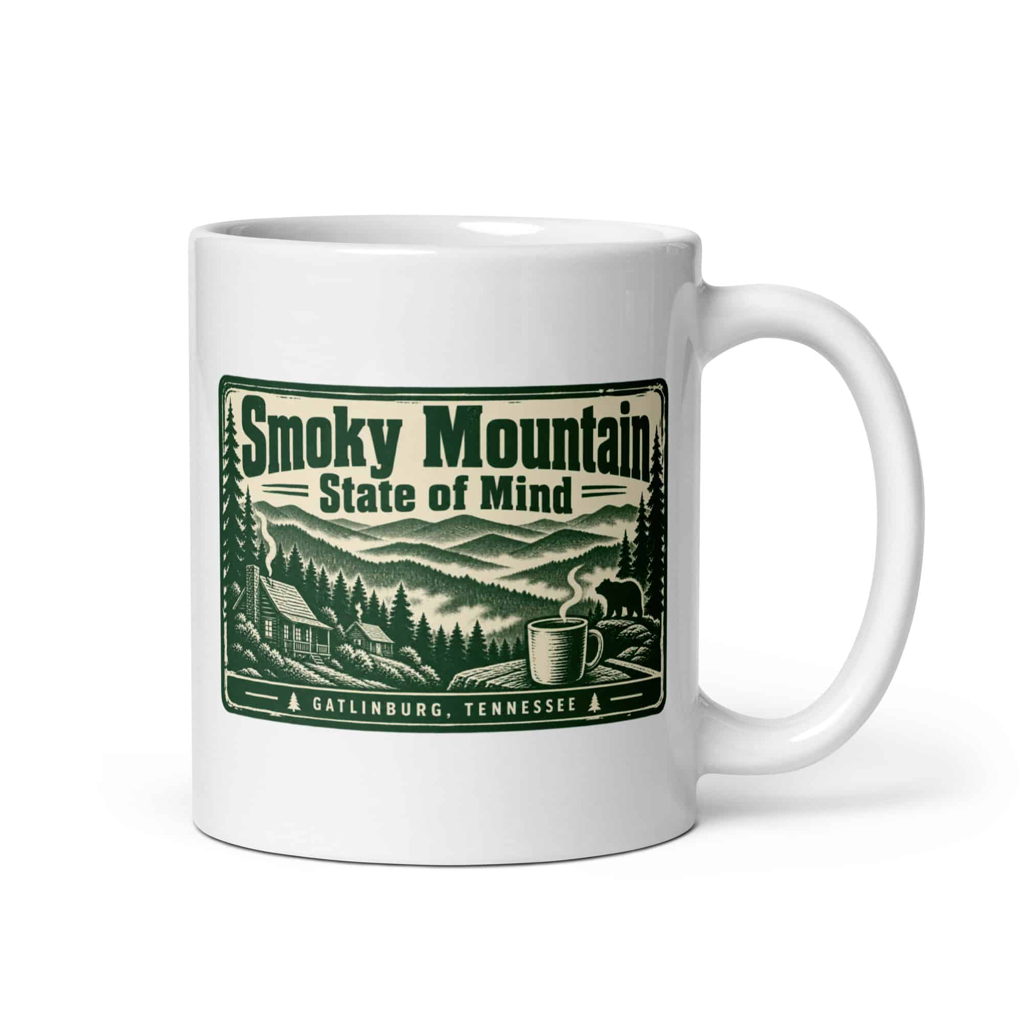 Gatlinburg and the Smokies White Ceramic Coffee Mug: Smoky Mountain State of Mind, Forest Ink Stamp