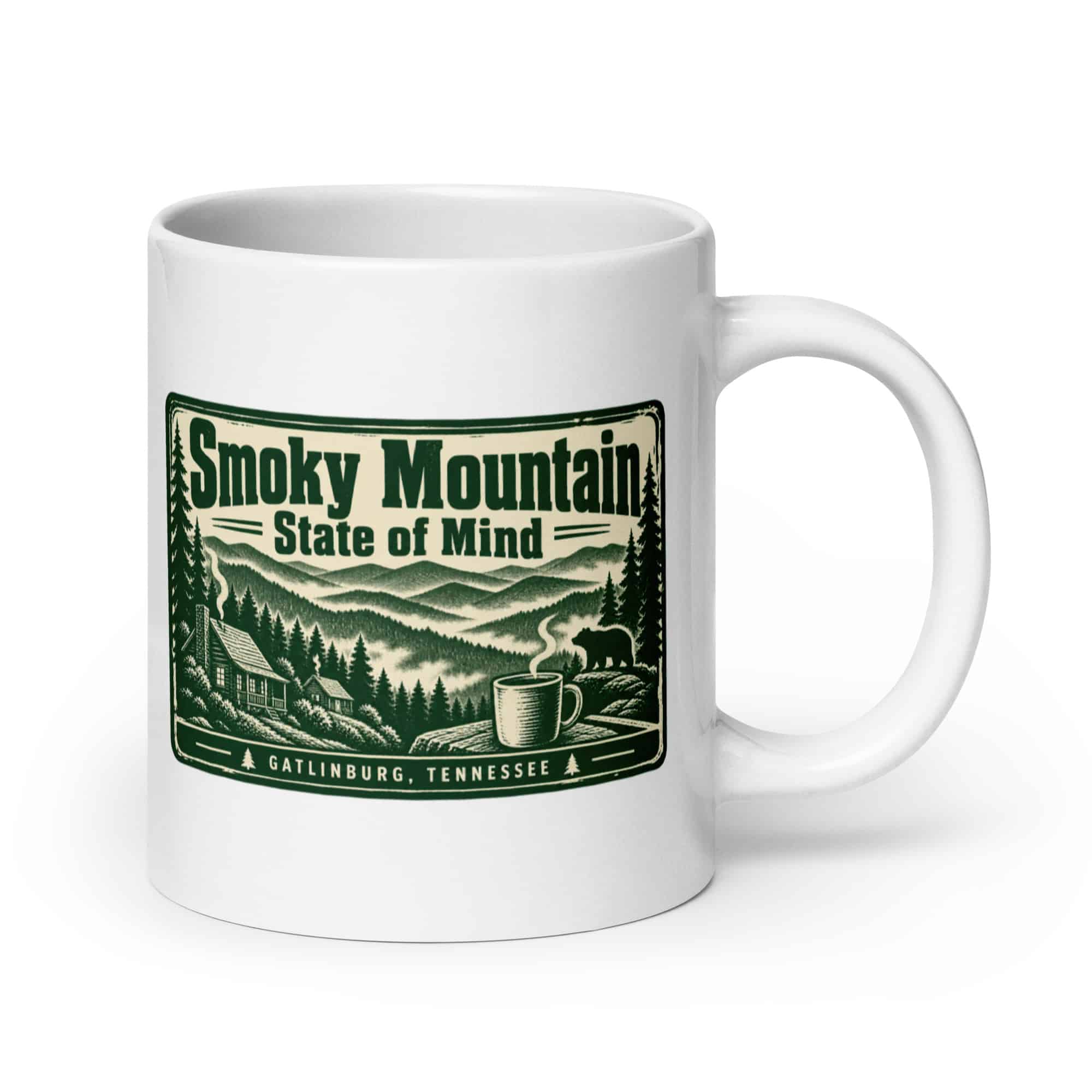 Gatlinburg and the Smokies White Ceramic Coffee Mug: Smoky Mountain State of Mind, Forest Ink Stamp